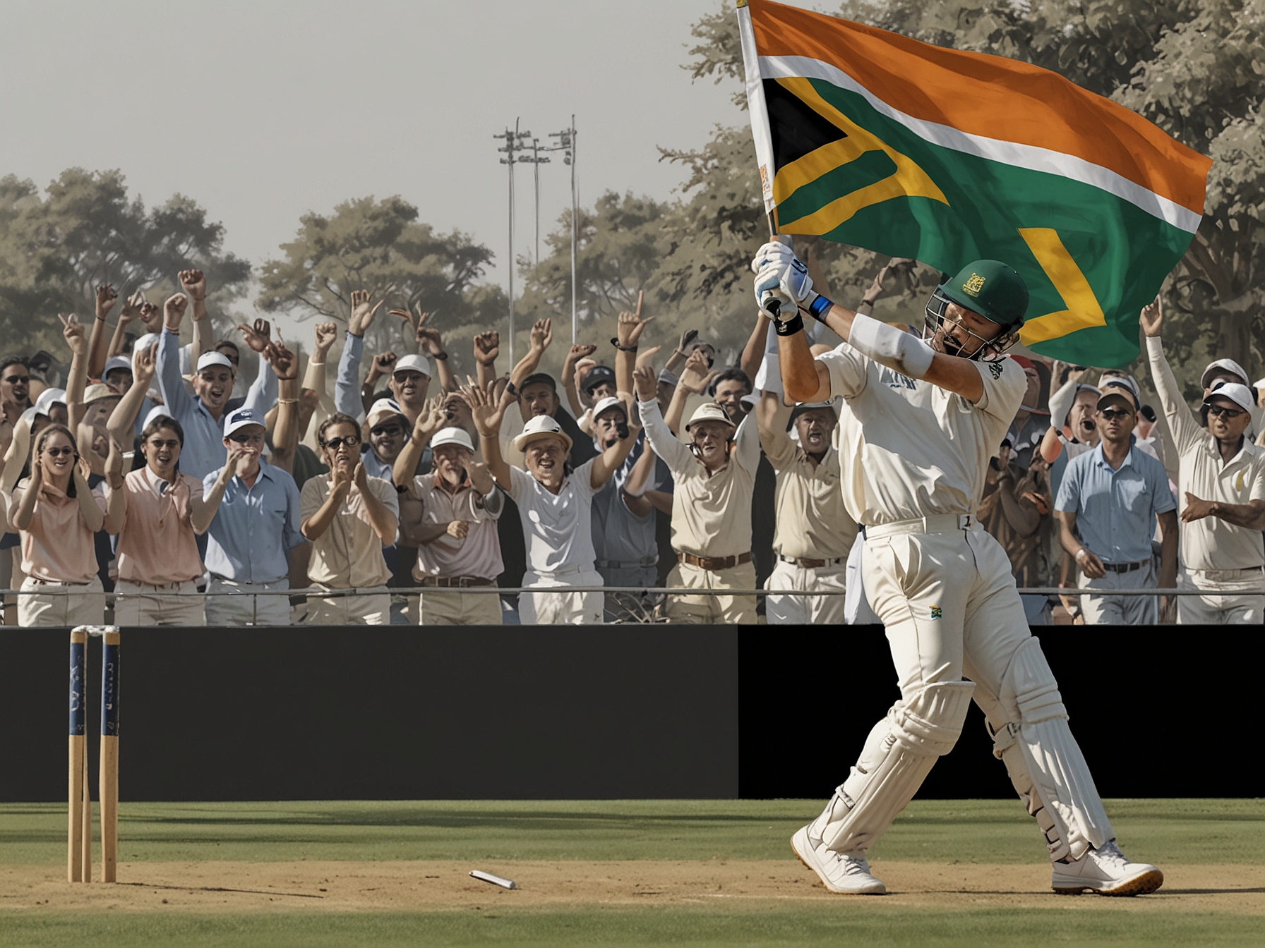 A dynamic shot capturing Kyle Verreynne mid-swing, striking a six against Asitha Fernando, with jubilant South African fans celebrating in the background.