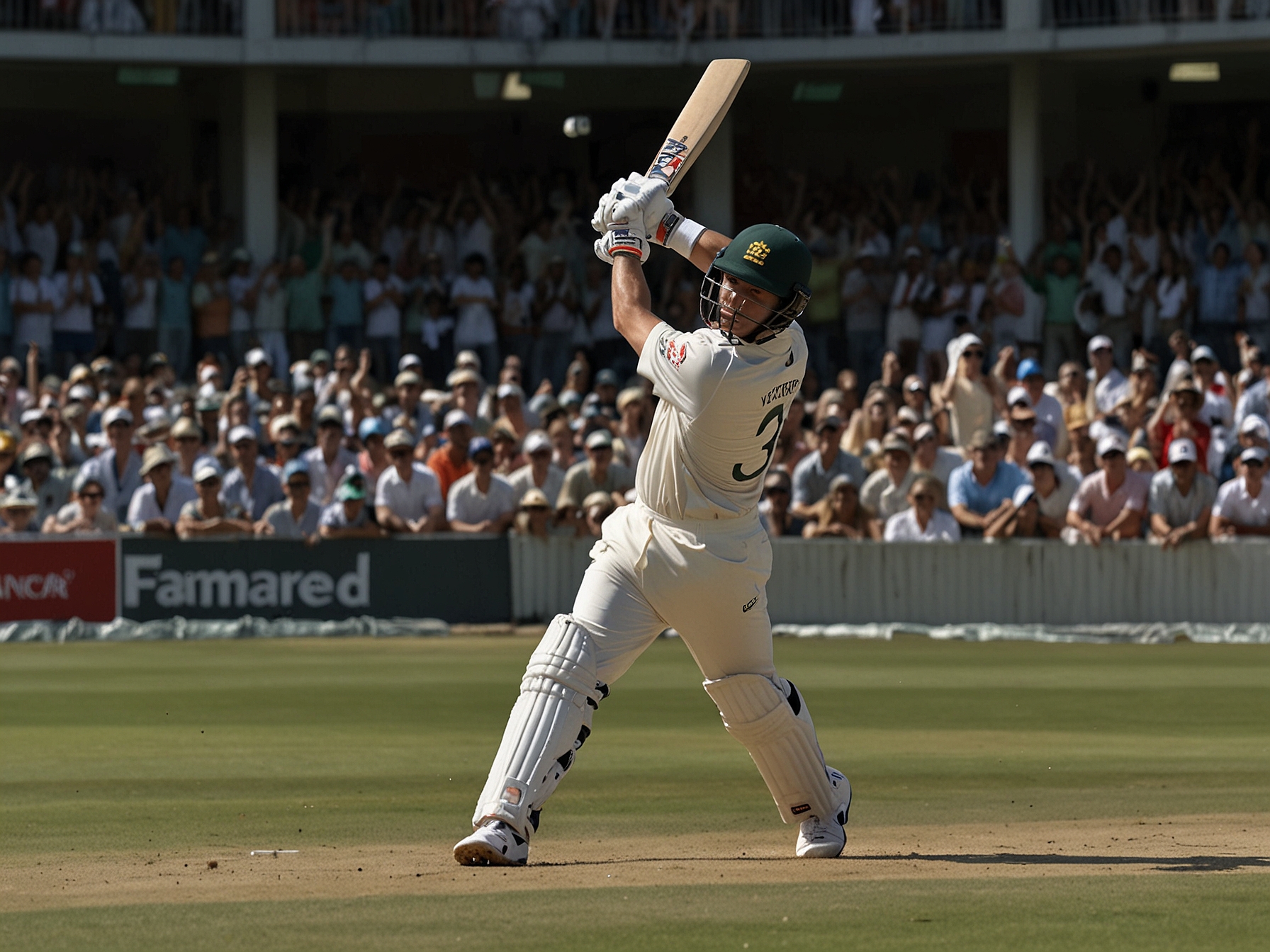 The cricket pitch showing the scoreboard reflecting South Africa's impressive score of 338/9, with players in action and a vibrant crowd cheering.