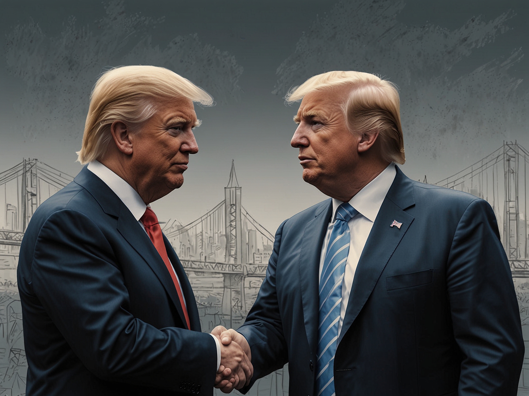 An image of Jeff Bezos and Donald Trump shaking hands, symbolizing their surprising alliance amidst a backdrop of political discussions at the DealBook Summit.