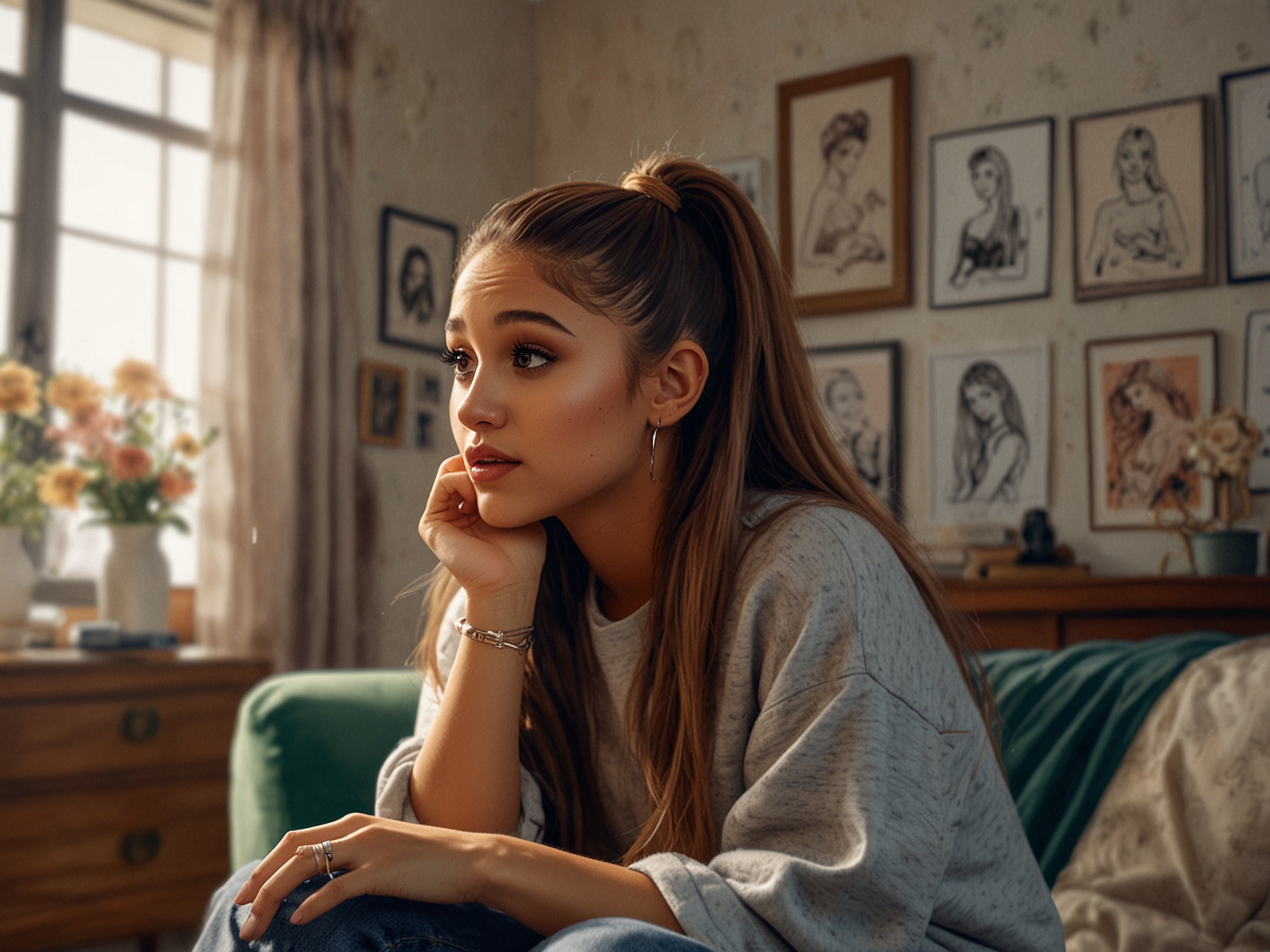 Ariana Grande sits in a cozy setting, tears in her eyes, as she speaks passionately about her battle with body-shaming and public scrutiny, surrounded by supportive friends.