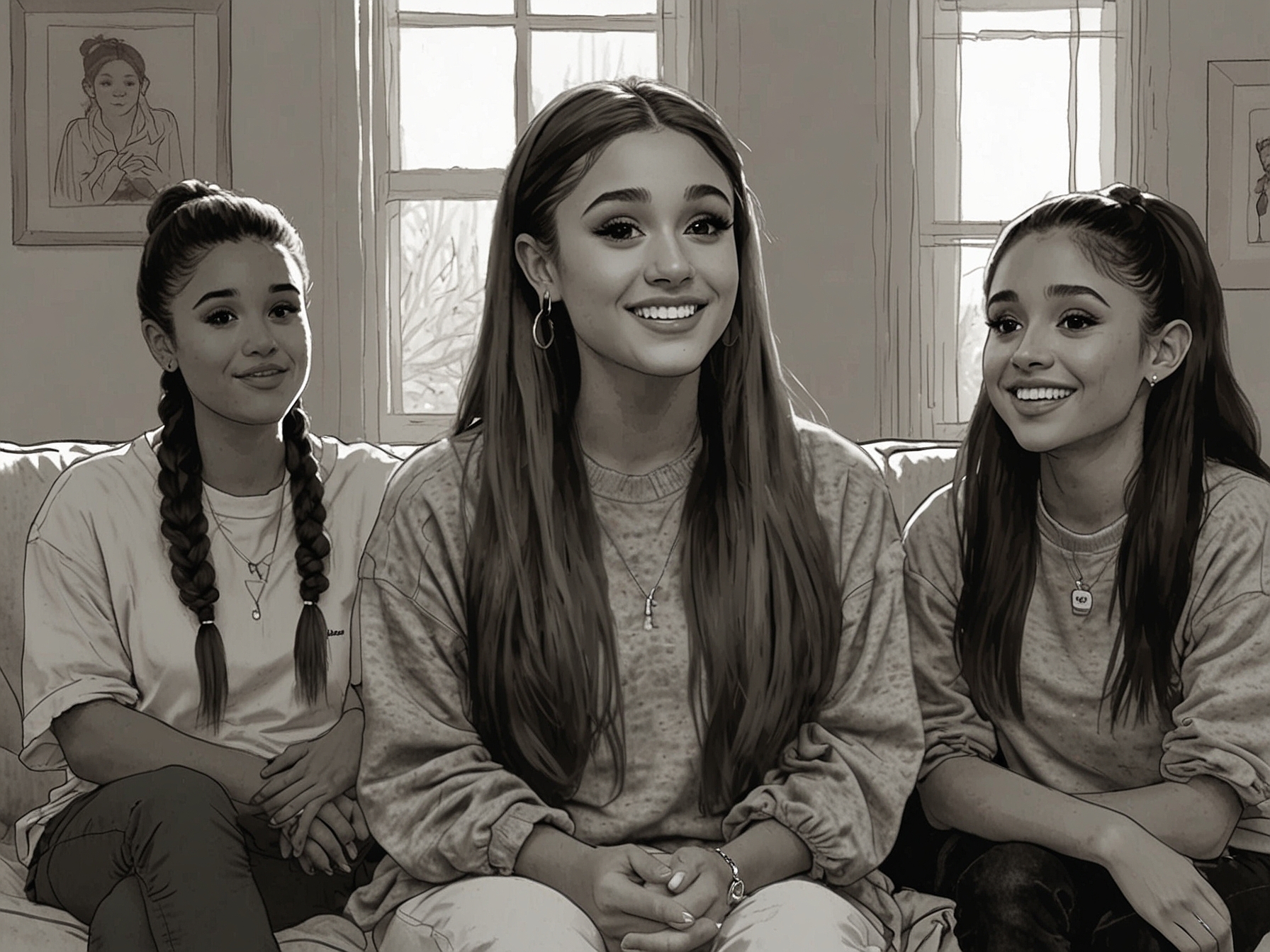 A close-up of Ariana Grande, visibly emotional while discussing body image issues, with soft lighting that emphasizes her vulnerability in the moment.