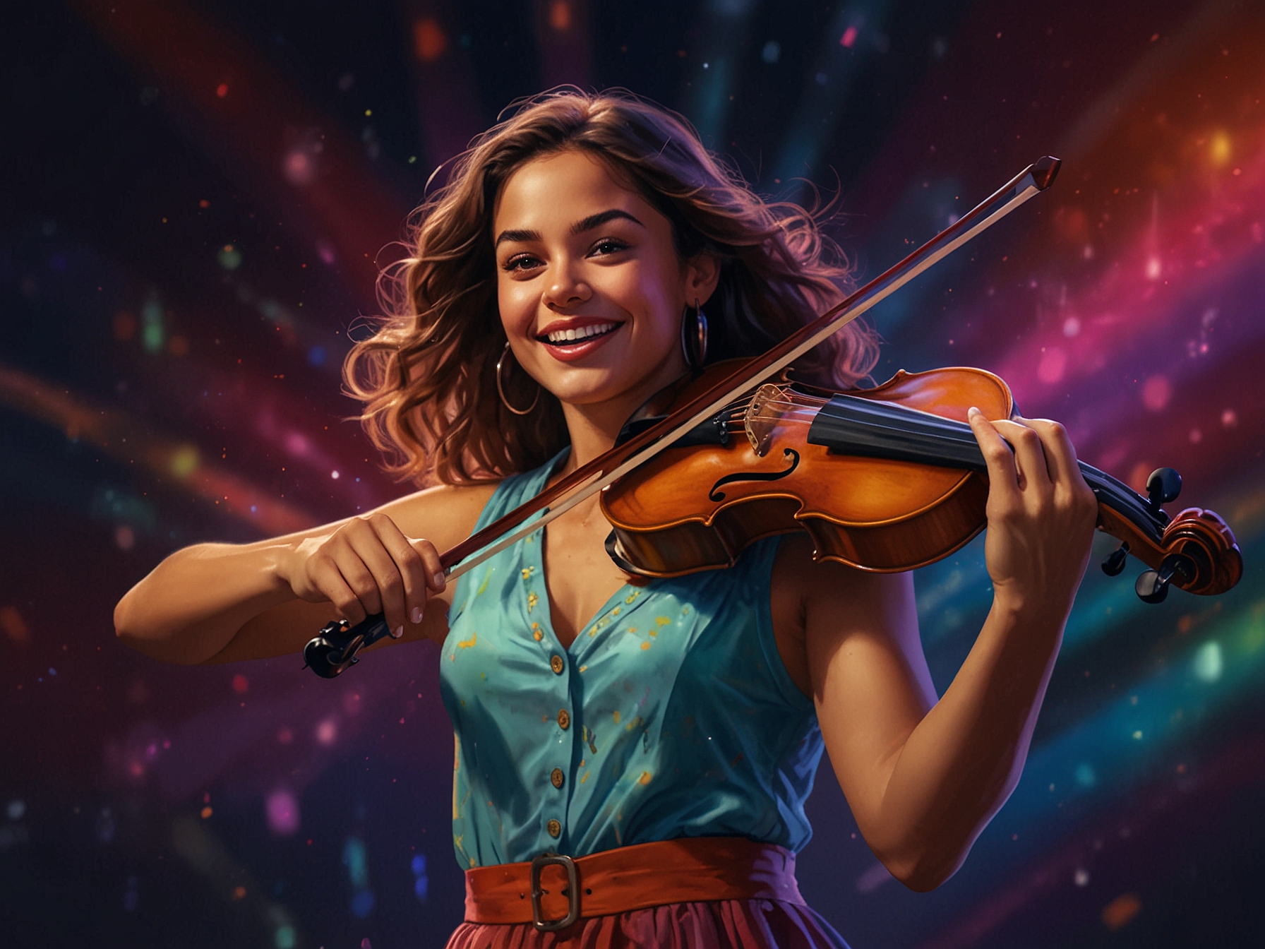 A vibrant image of Sherrin Tharia on stage with her violin, radiating confidence and joy, while colorful lights illuminate the background, symbolizing her return to music after her transformative journey.