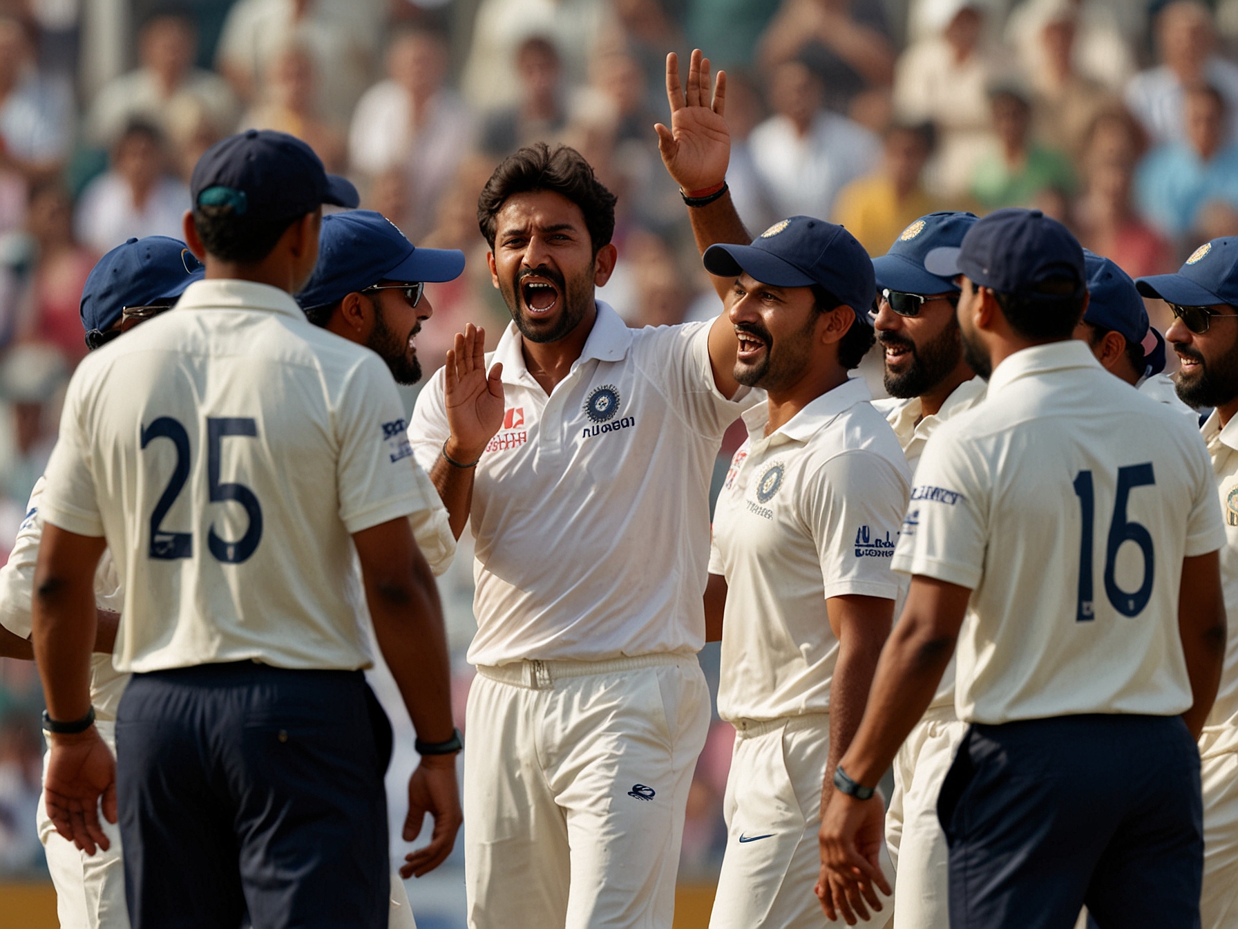 A vibrant image capturing the intense moment as Indian bowlers celebrate a wicket against Sri Lanka in a packed Sharjah Cricket Stadium, showcasing emotions and excitement of the match.