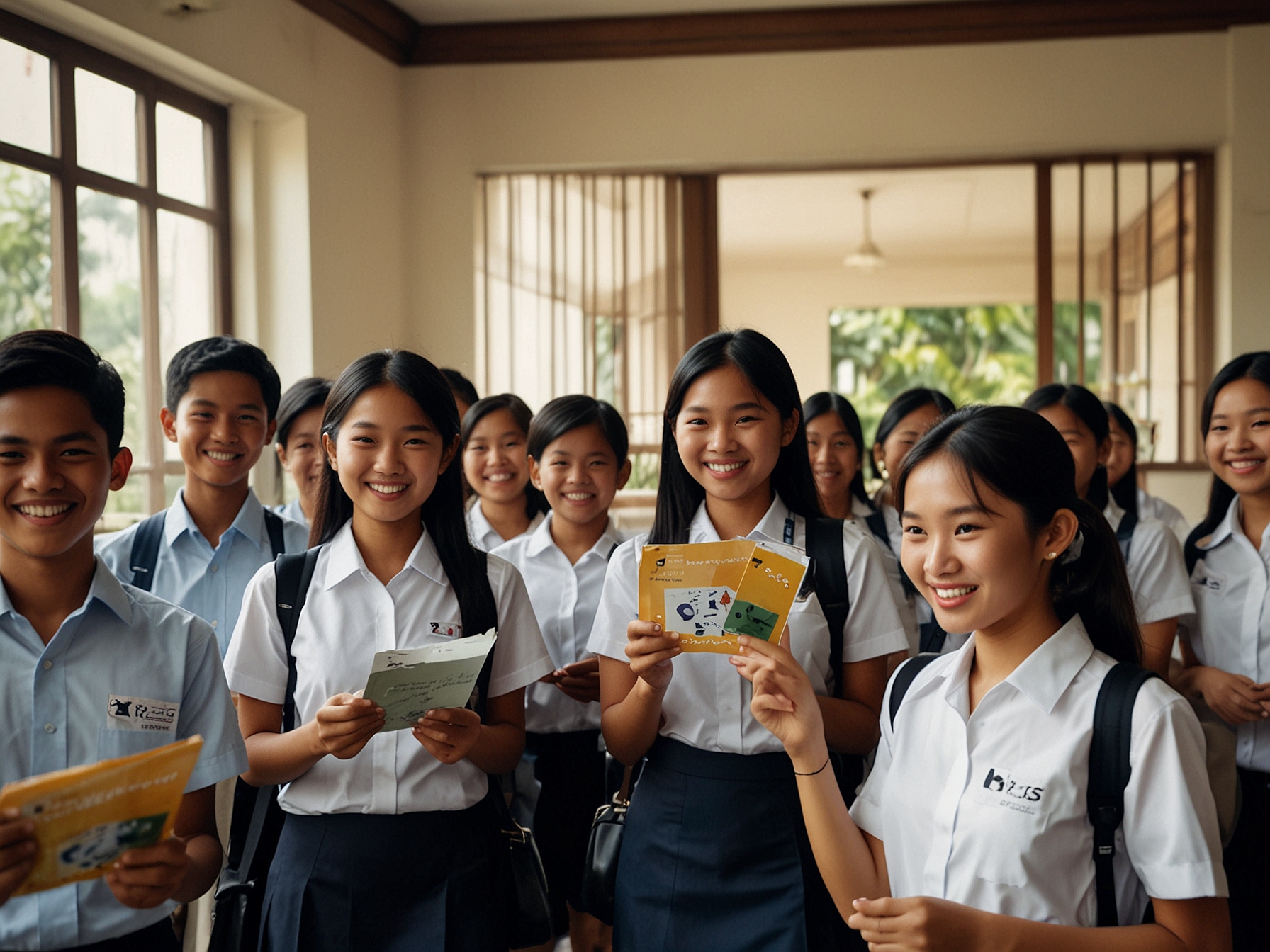 An image showing a diverse group of students joyfully receiving their KJP Plus cards, symbolizing access to education and financial relief in Jakarta.