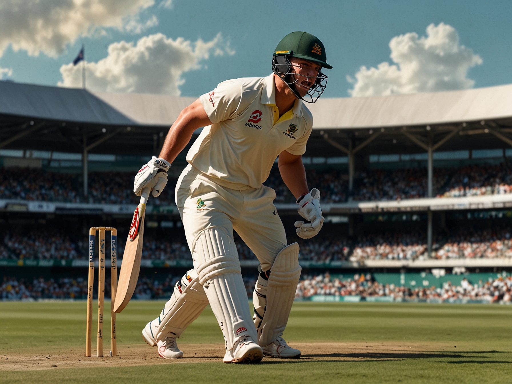 A lively scene capturing Mitchell Marsh sneaking up behind Usman Khawaja on the cricket field, as Khawaja displays a surprised expression amidst a competitive Test match environment.