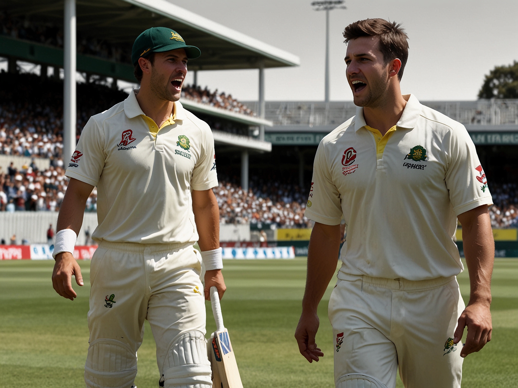 Close-up of Usman Khawaja blushing after being pranked by Mitchell Marsh, showcasing the lighthearted moment in sharp contrast to the seriousness of the cricket match.