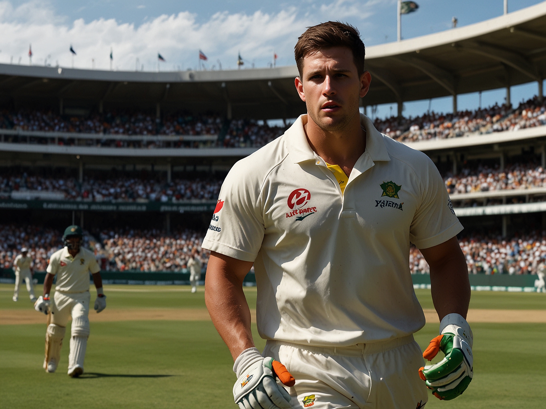 An action shot of Mitchell Starc bowling during the Test match, emphasizing the intense competition with players in the background reacting to the game's tension.