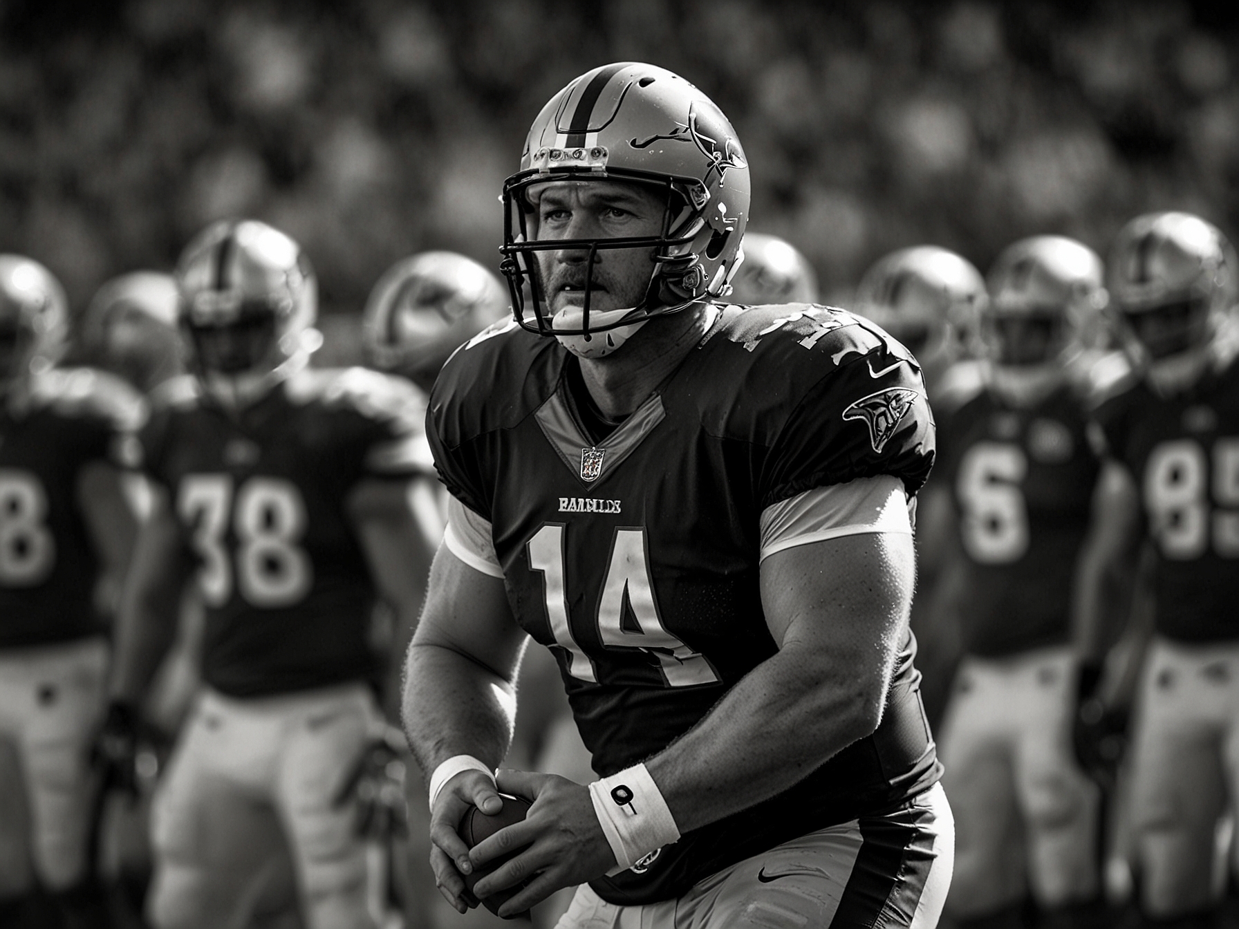 A dynamic image of Dan Campbell on the sidelines, intensely focused as he makes a decision during a game, with players ready for the snap in the background, capturing the tension of a fourth down situation.
