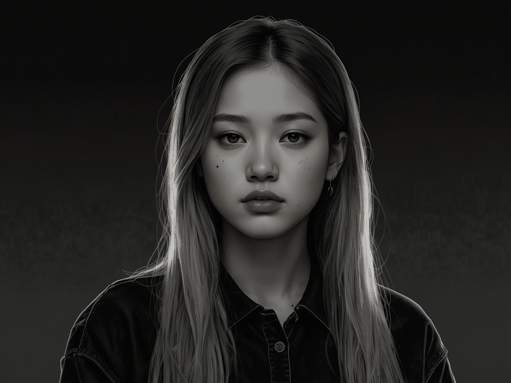 An emotional portrait of Rose from Blackpink, set against a backdrop of fading memories. She gazes thoughtfully into the distance, representing the introspective journey of love and loss in her new song.