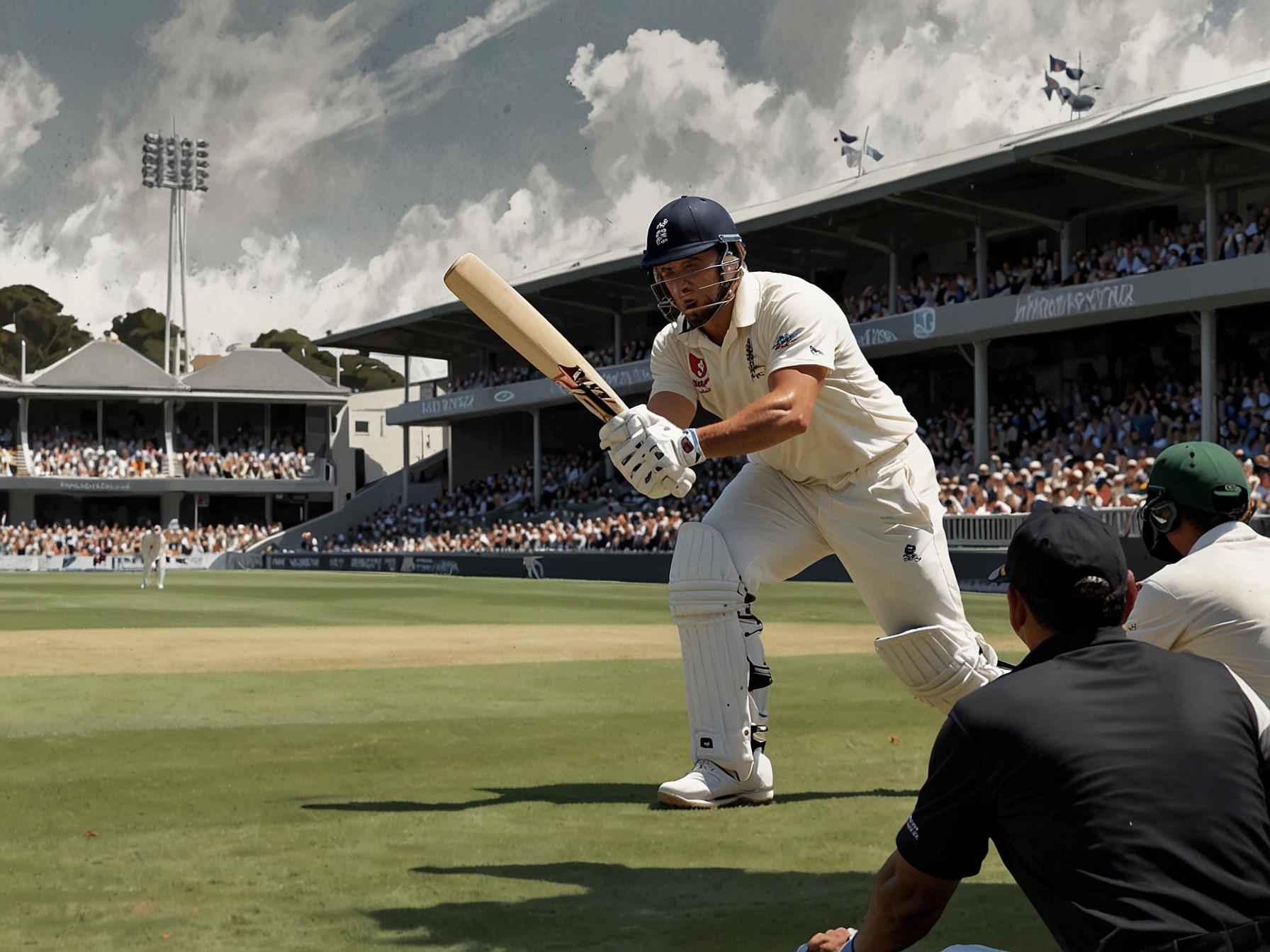 A dynamic photo capturing Harry Brook executing an aggressive shot at the Basin Reserve, with the crowd in the background displaying intense emotions.