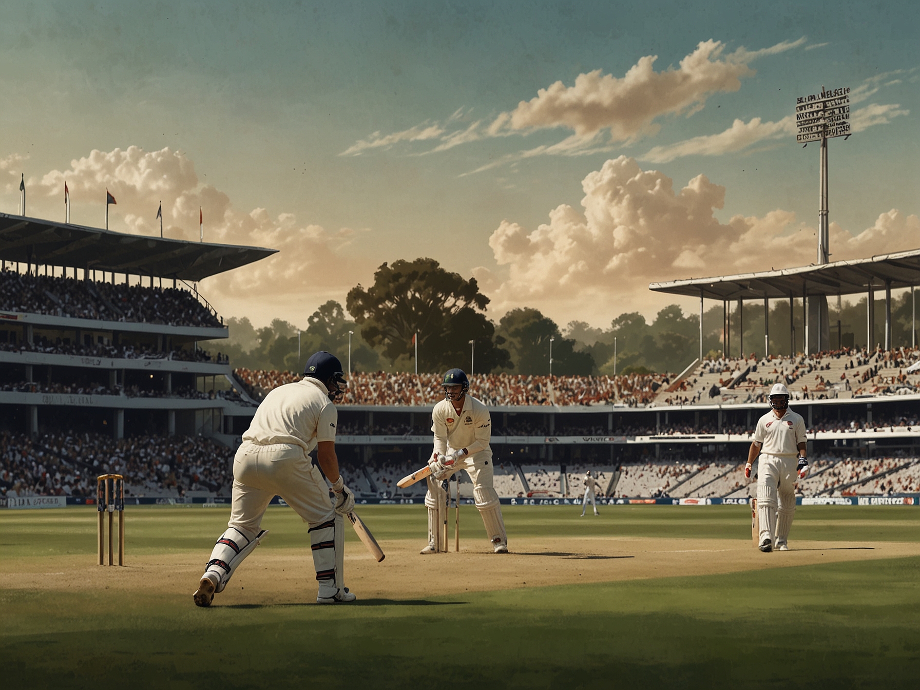 An intense scene from a Test match showing Jacob Bethell confidently facing a bowler, with a full stadium in the background showcasing the energy and pressure of international cricket.