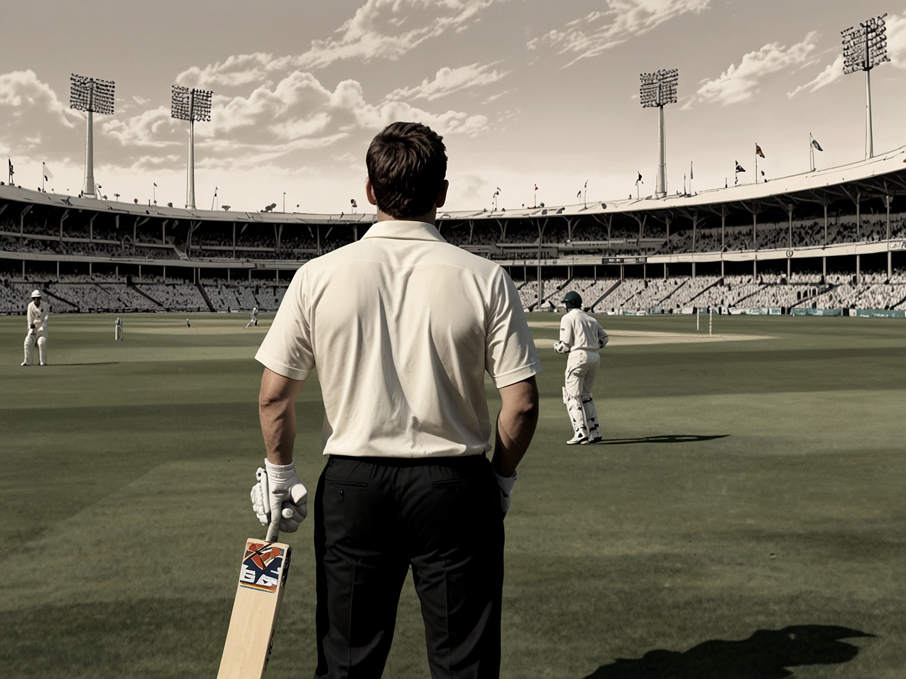 Close-up of Jacob Bethell focused on his batting stance, showcasing his determination as he prepares to face a delivery, with teammates observing keenly from the sidelines.