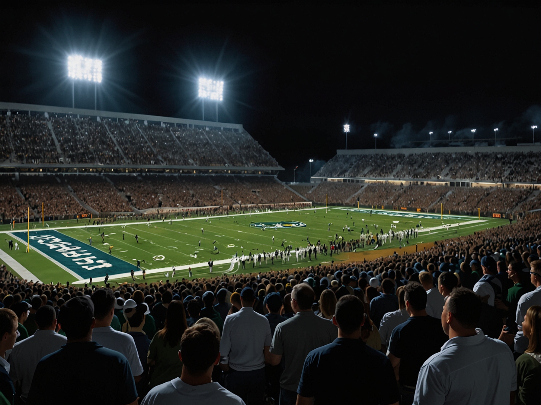 A dramatic shot of Michie Stadium packed with excited fans, showcasing the anticipation for the Tulane vs. Army game under the stadium lights, highlighting both teams' colors.