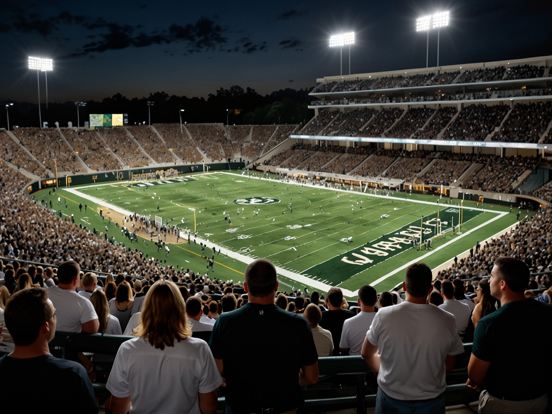 Close-up of Tulane quarterback Darian Mensah in action, showcasing his determination and skill as he prepares to lead his team in the AAC Championship, with the stadium backdrop.
