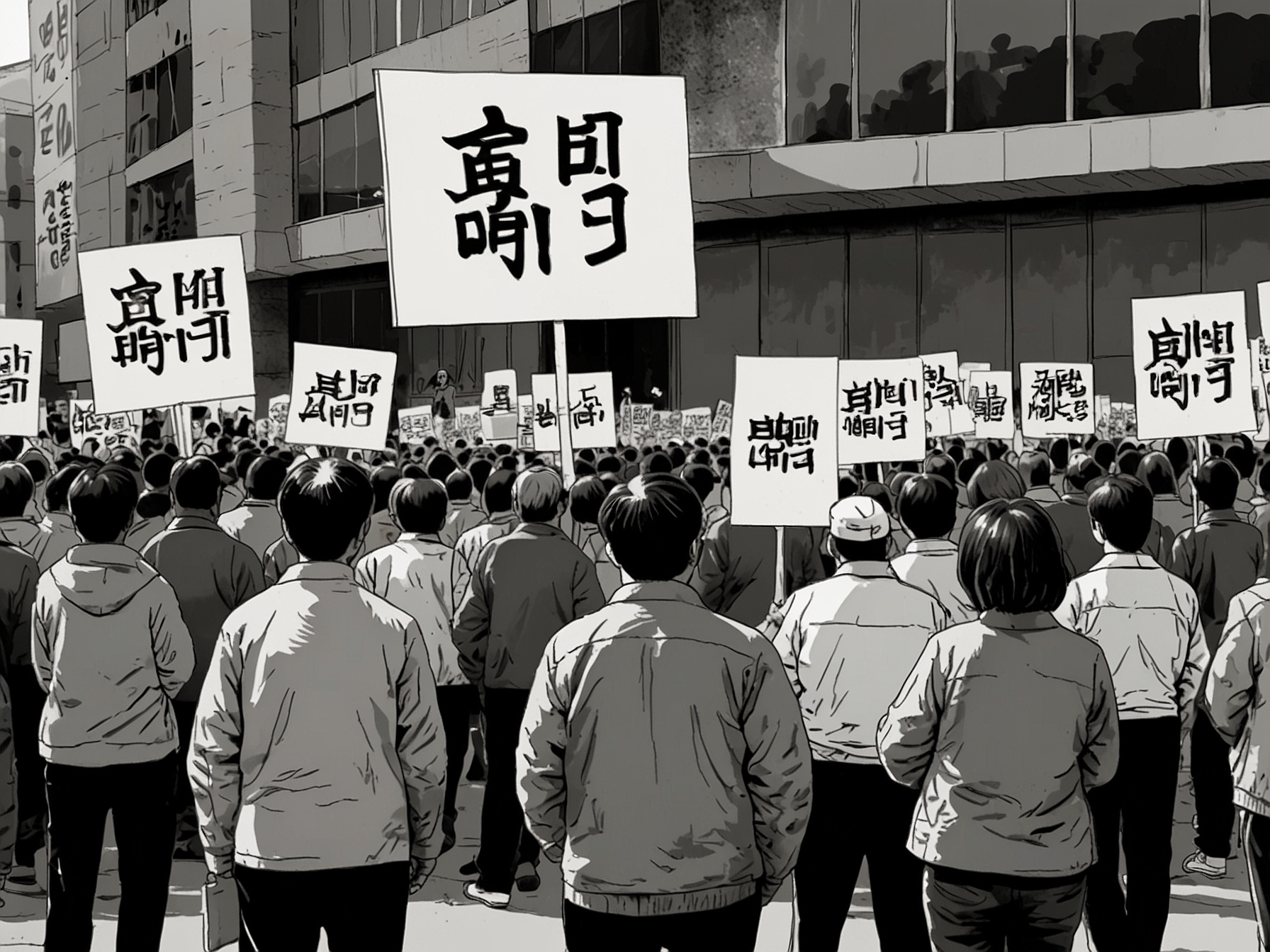 A tense scene in South Korea, where citizens gather in protest against President Yoon Suk Yeol's apology for his martial law attempt, holding signs and banners reflecting their concerns about democracy.