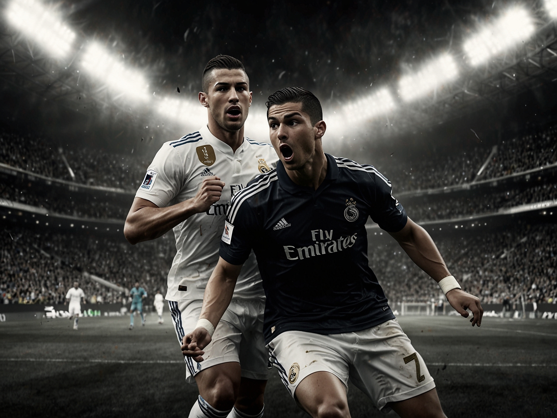 An action-packed moment of the match, featuring Cristiano Ronaldo and Karim Benzema competing fiercely for possession of the ball, with fans in the background cheering passionately, encapsulating the intense atmosphere of the game.