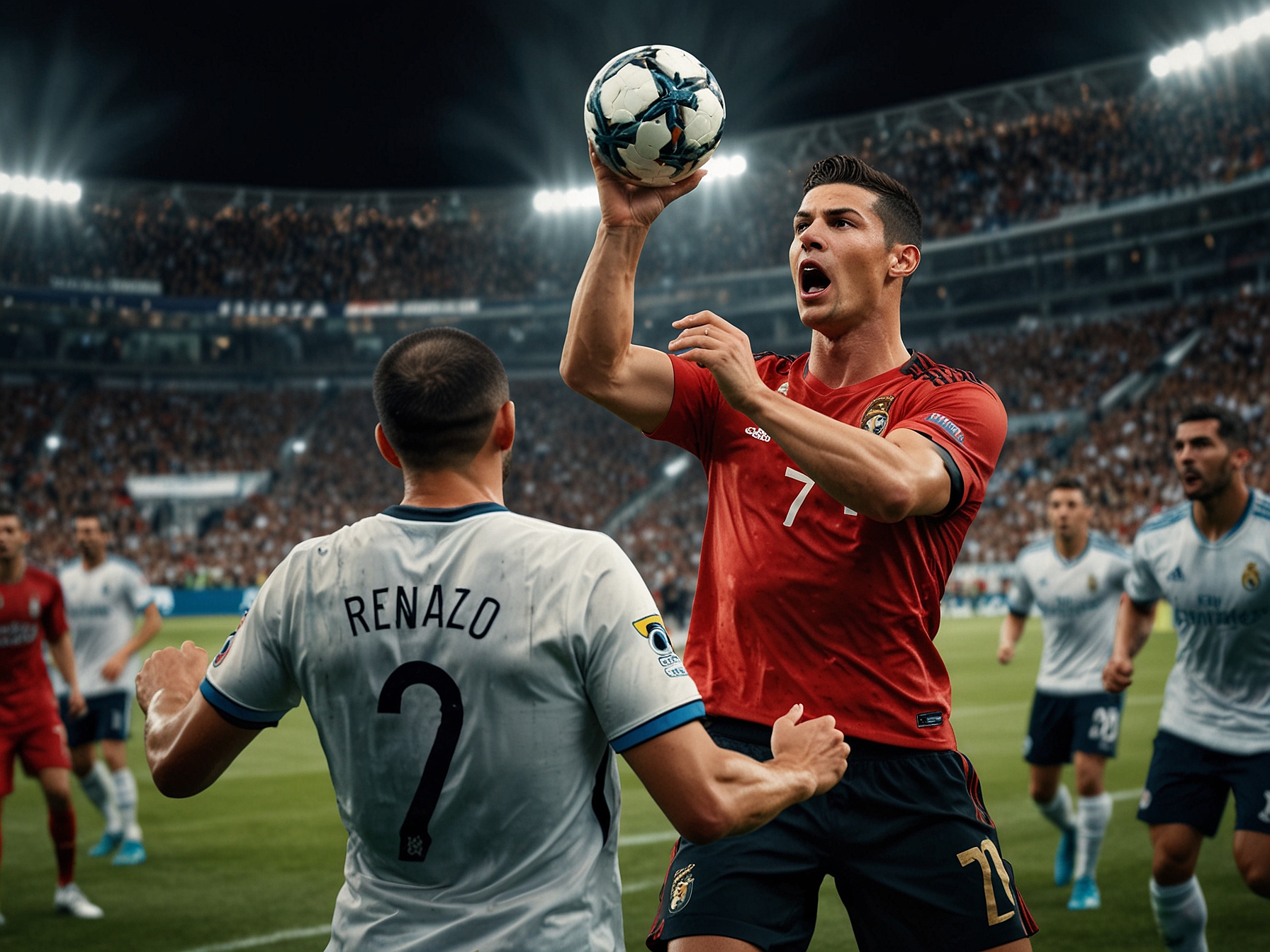 A close-up shot of Ronaldo celebrating his goal, showcasing his determination and skill, while the stadium is filled with excited fans waving flags and banners in support of Al Nassr.