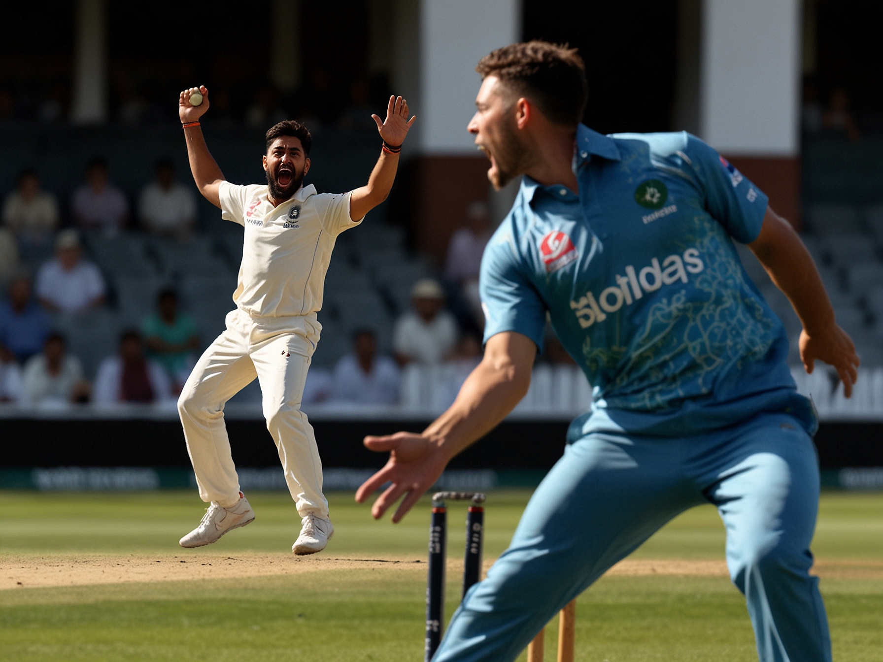 A dynamic scene from the cricket match showing Mohammad Siraj in his bowling pose, with an expression of intense focus before delivery. In the background, Marnus Labuschagne appears frustrated, illustrating the competitive tension on the field.