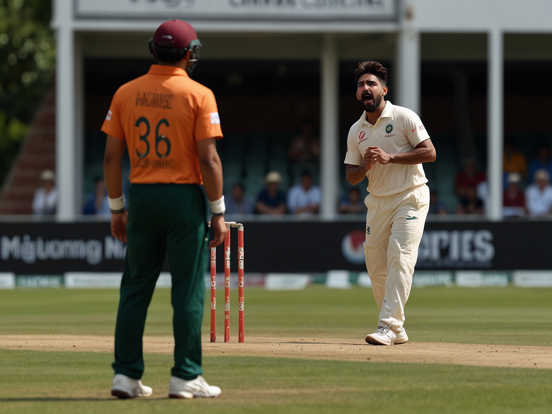 An action shot of Mohammad Siraj running in to bowl, capturing the excitement of the game. The crowd is visible in the background, fully engaged in the thrilling atmosphere of the match.