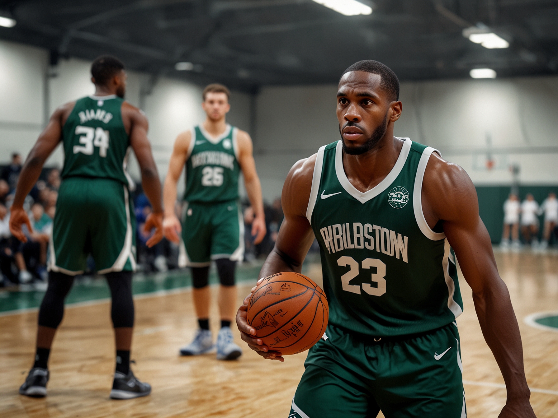 Khris Middleton during a training session, showing determination and focus as he works on his rehabilitation while surrounded by teammates on the court.