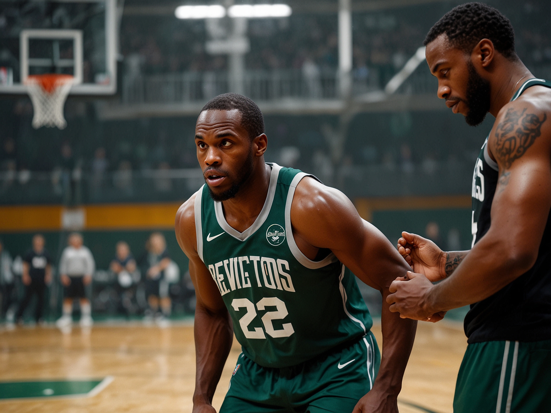 A close-up of Middleton’s focused expression, highlighting the emotional weight of his recovery journey amidst the hustle of a basketball arena.