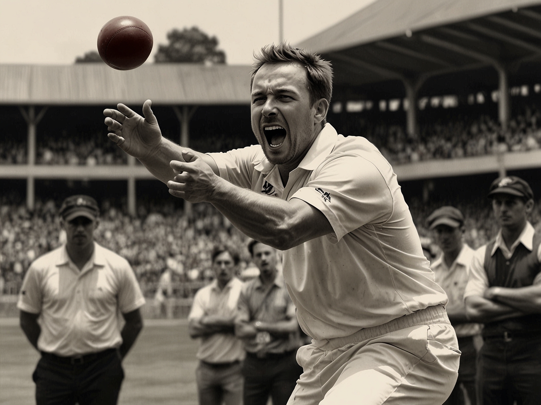 An action shot of Gus Atkinson in mid-delivery, with a focused expression, as he bowls during the Test match against New Zealand, surrounded by excited fans in the stadium.