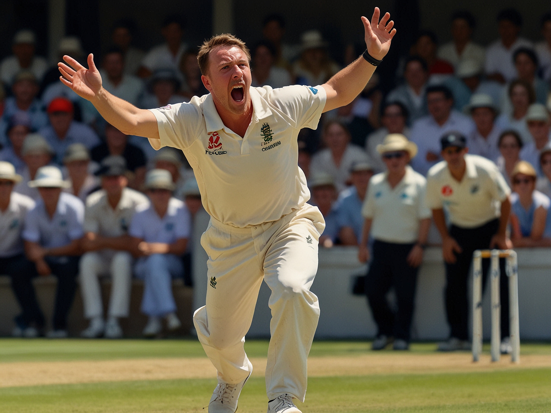 A close-up of Gus Atkinson celebrating with his teammates after achieving a hat trick, showcasing their elation and unity on the cricket field.