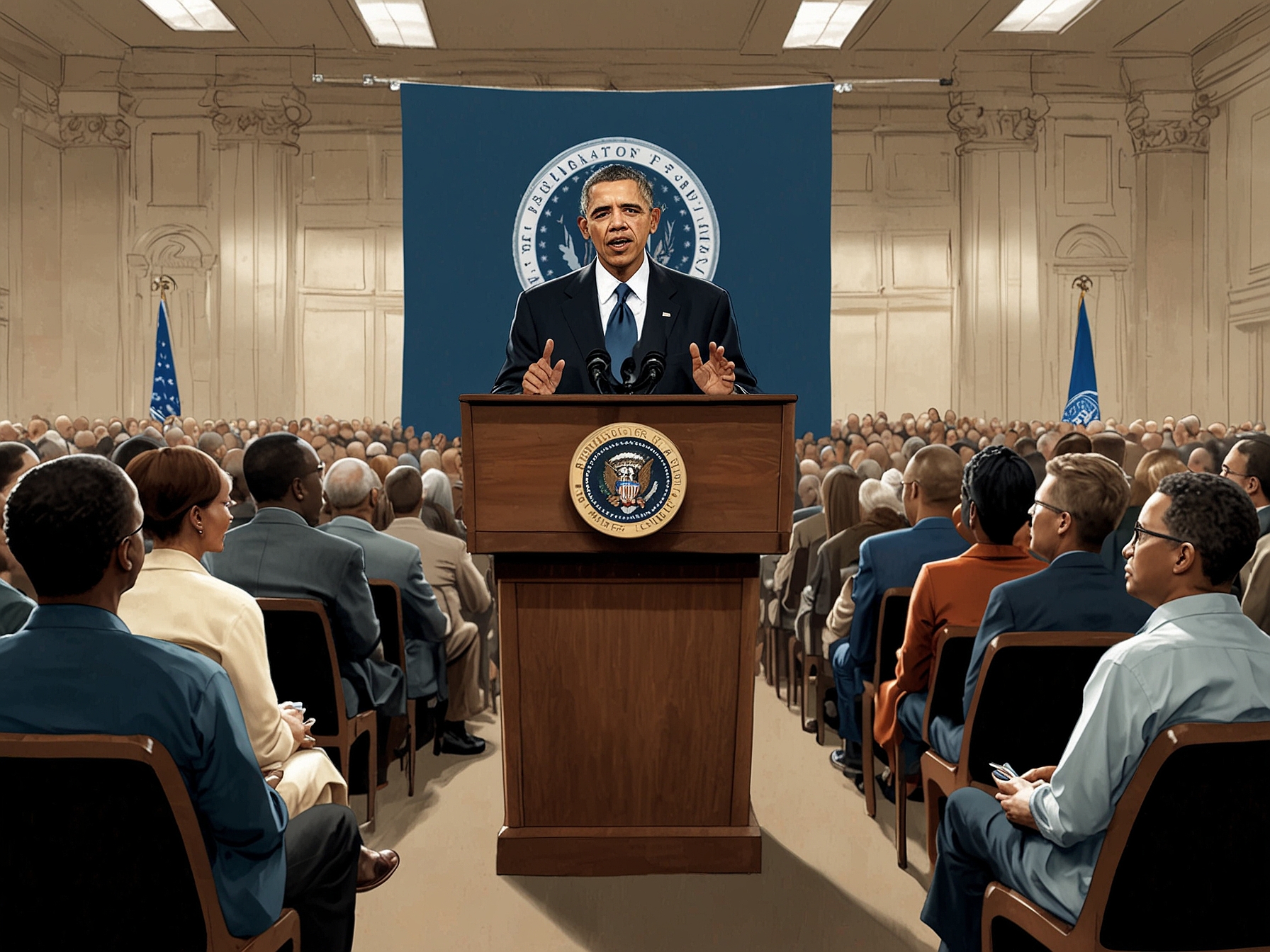 An image of Barack Obama speaking at a podium during the Democracy Forum, surrounded by an engaged audience, with a banner displaying the Obama Foundation's logo in the background.