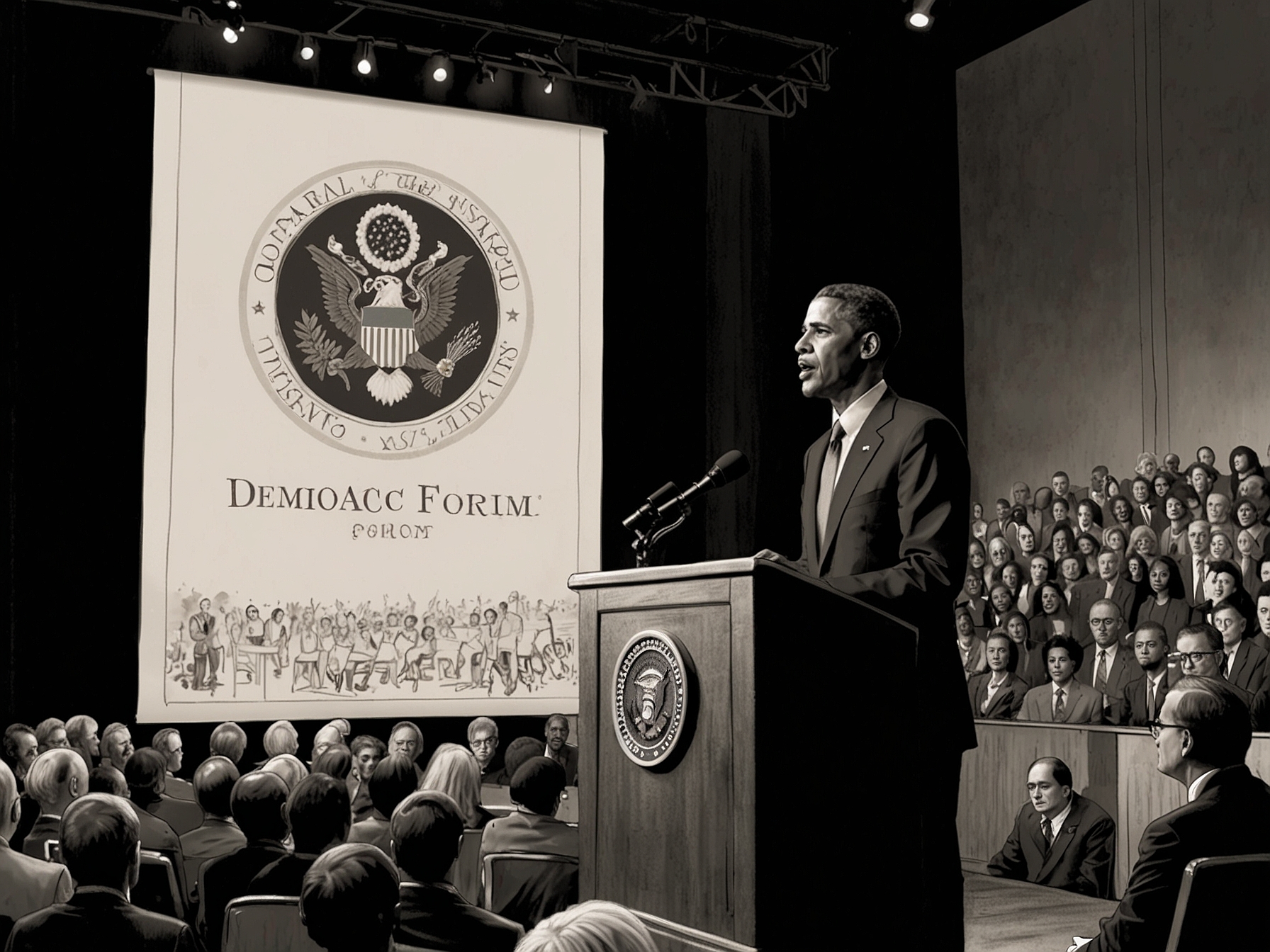 A close-up of Obama passionately addressing the crowd, highlighting the concerns over democracy and political divisiveness, with expressions of concern on audience members' faces.