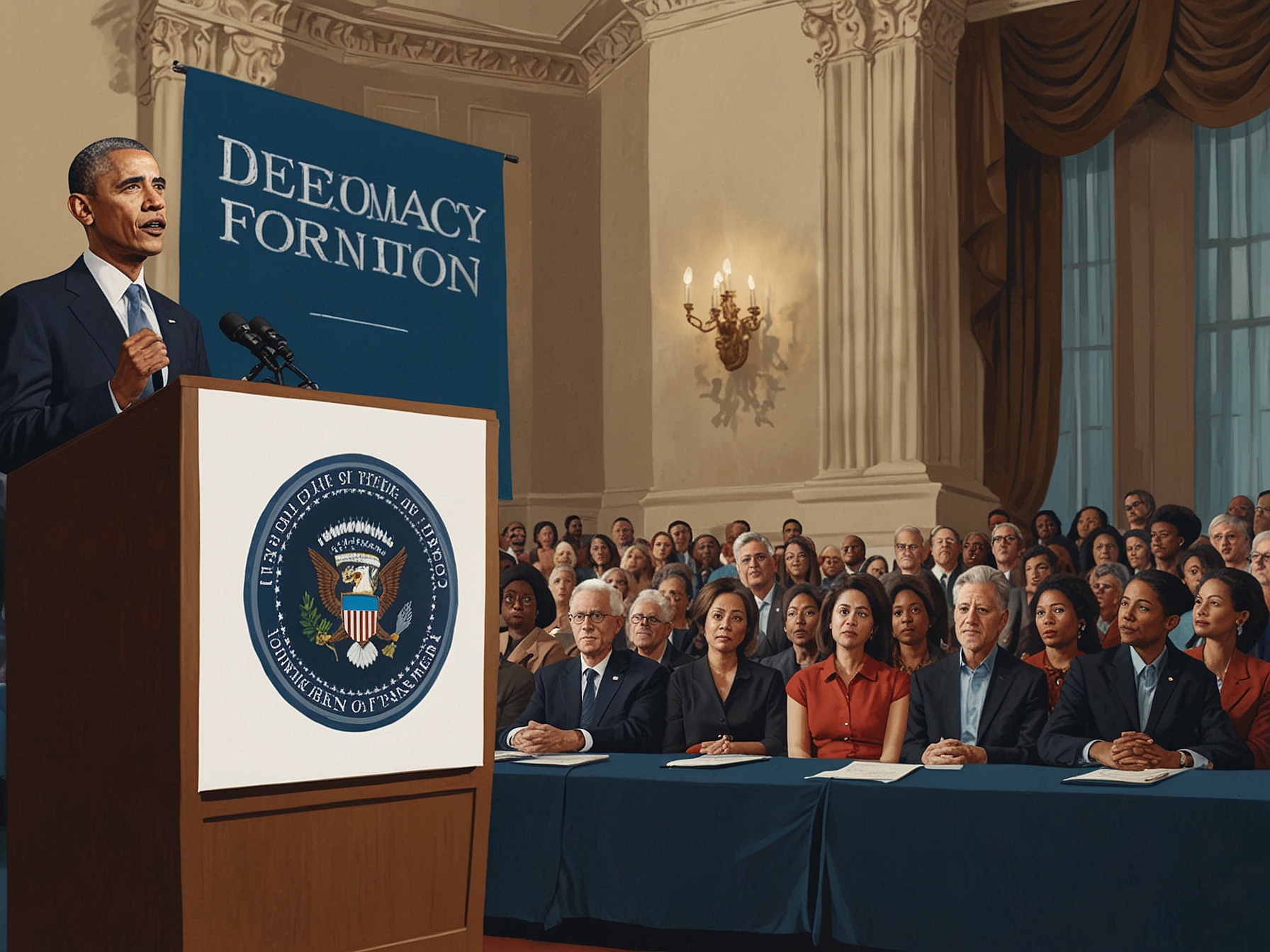 A broader view of the Democracy Forum event, showcasing a diverse group of attendees attentively listening to Obama's speech, emphasizing the need for dialogue and coexistence in democracy.