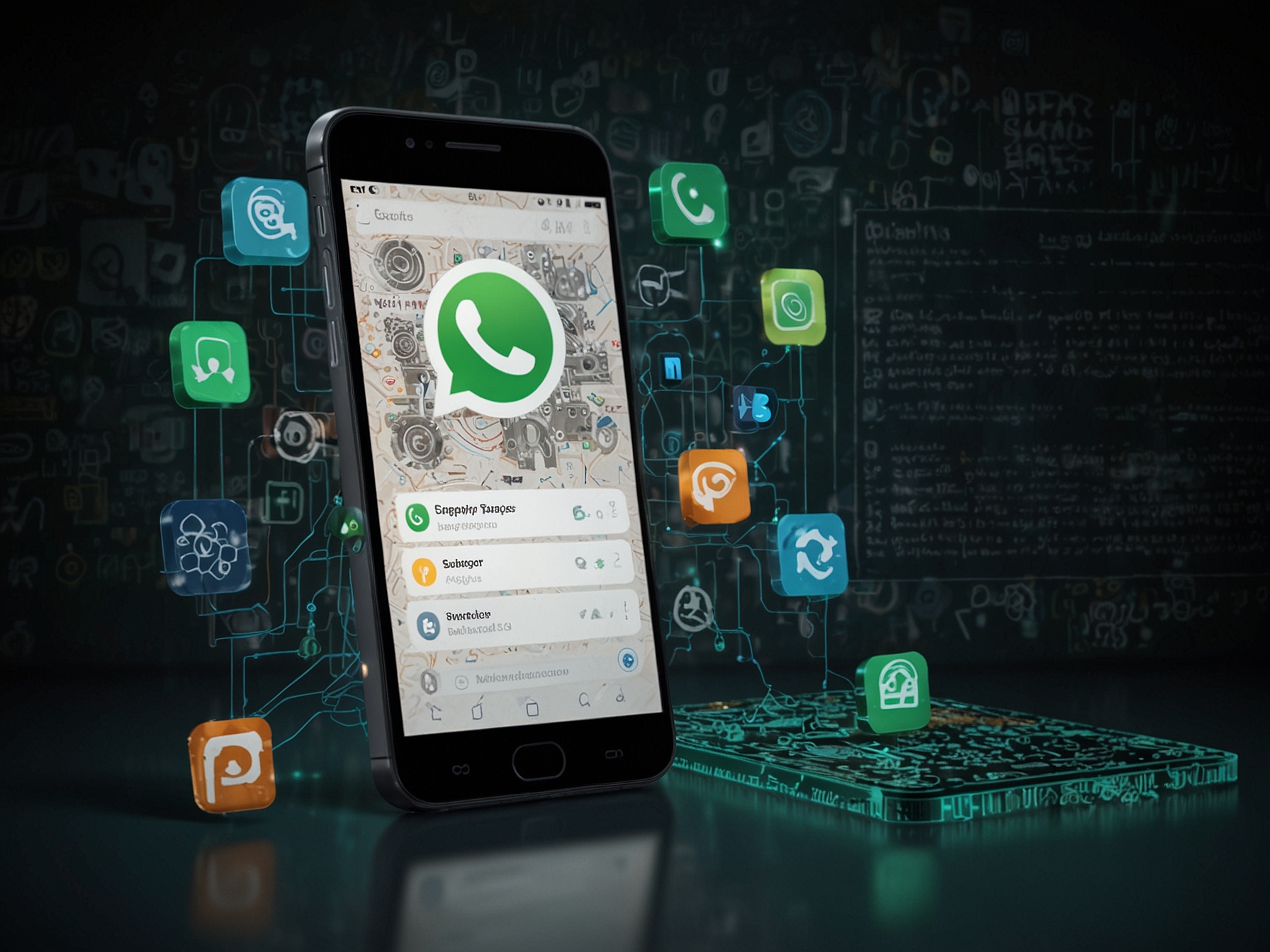 A smartphone displaying various messaging apps like WhatsApp and Signal, symbolizing the importance of encrypted communication in the digital age. In the background, a faded computer network graphic represents cybersecurity threats.