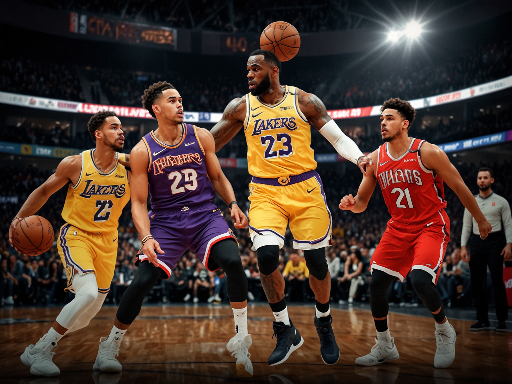 An action-packed scene of the LA Lakers and Atlanta Hawks playing on the court, showcasing key players like LeBron James and Trae Young during a tense moment of the game.