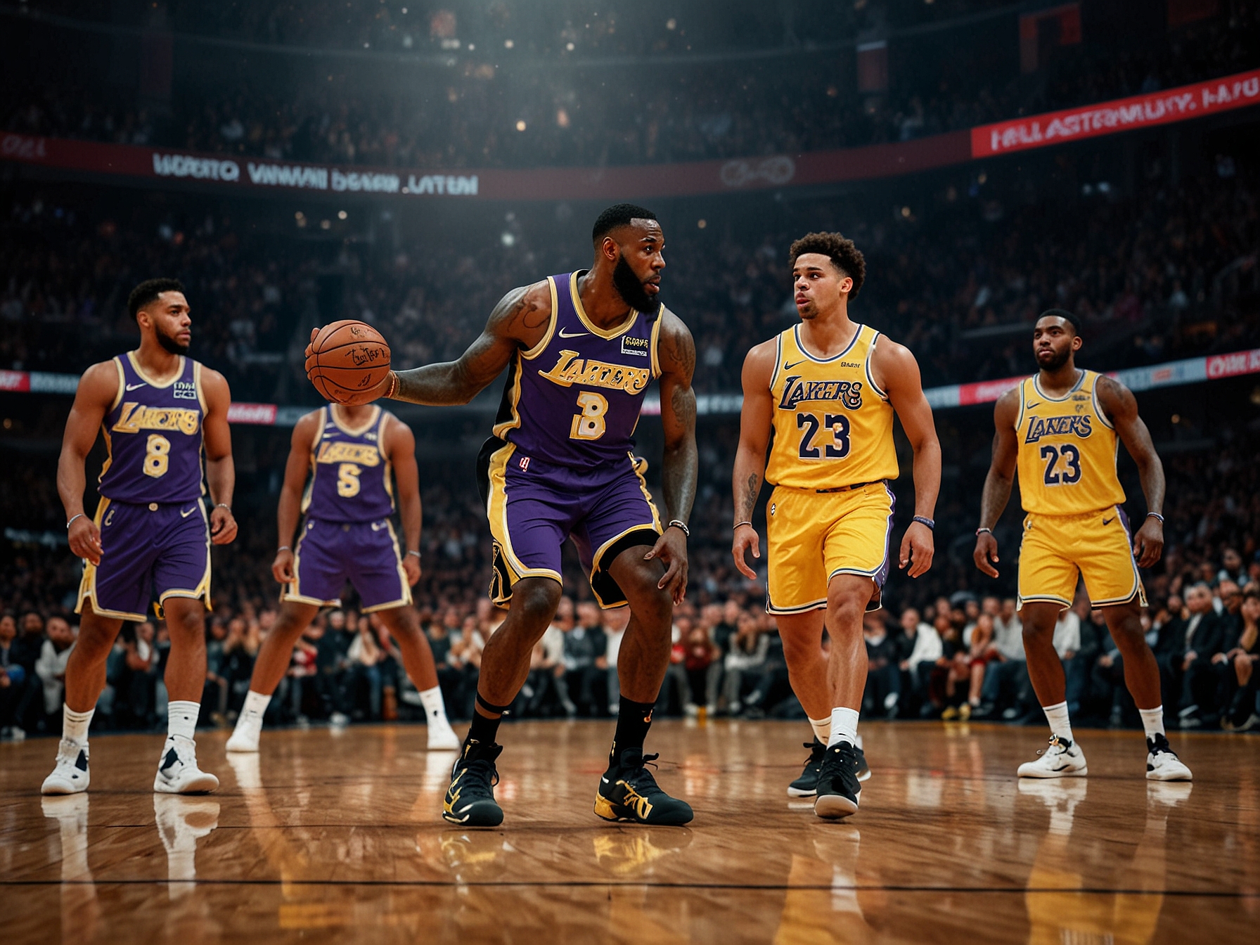 A close-up of the basketball, with the Lakers' and Hawks' logos in the background, symbolizing the intense rivalry and the stakes of the upcoming game on December 6.