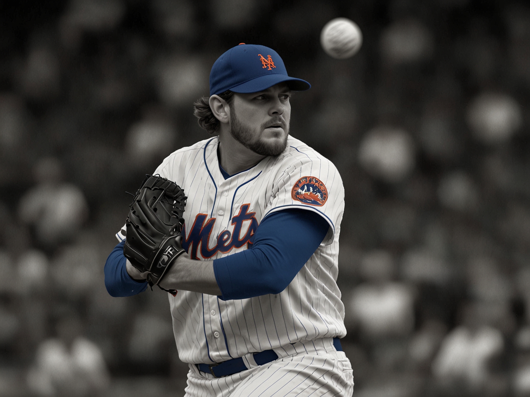 An action shot of Clay Holmes on the pitching mound, showcasing his intense focus during a game, wearing his Mets uniform and displaying his signature pitch delivery.