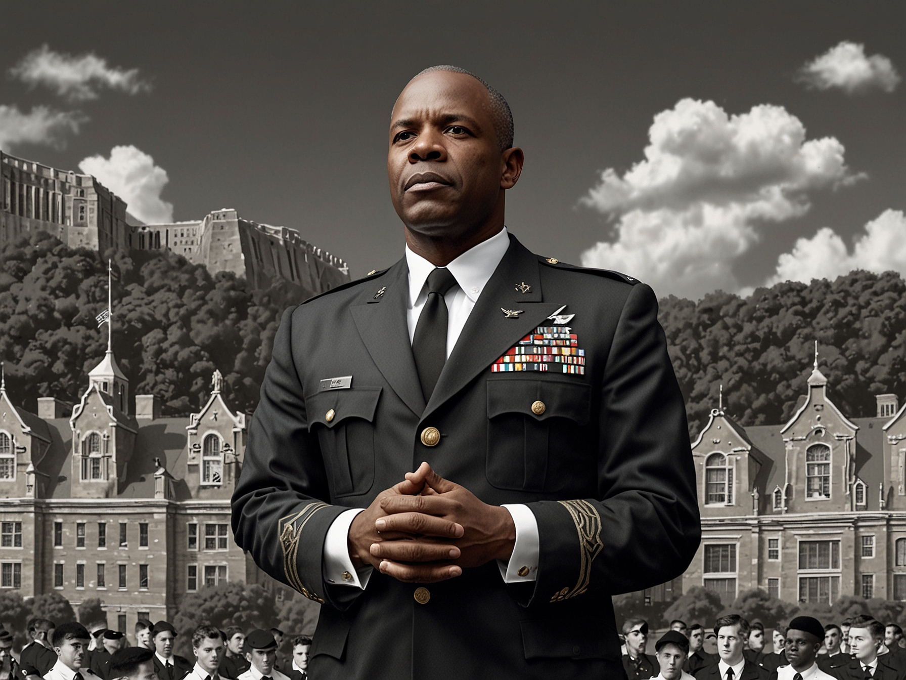 A powerful image of Secretary of Defense Lloyd J. Austin III addressing a group of West Point cadets, with a backdrop of the academy's iconic buildings, symbolizing leadership and commitment to service.