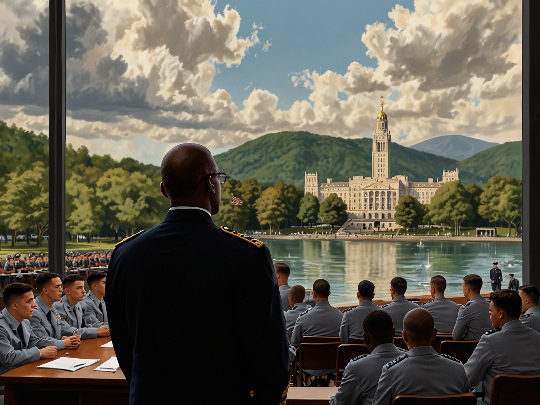 An inspiring scene of soldiers in combat, showcasing bravery and resilience, capturing the essence of courage and teamwork discussed in Austin's speech.
