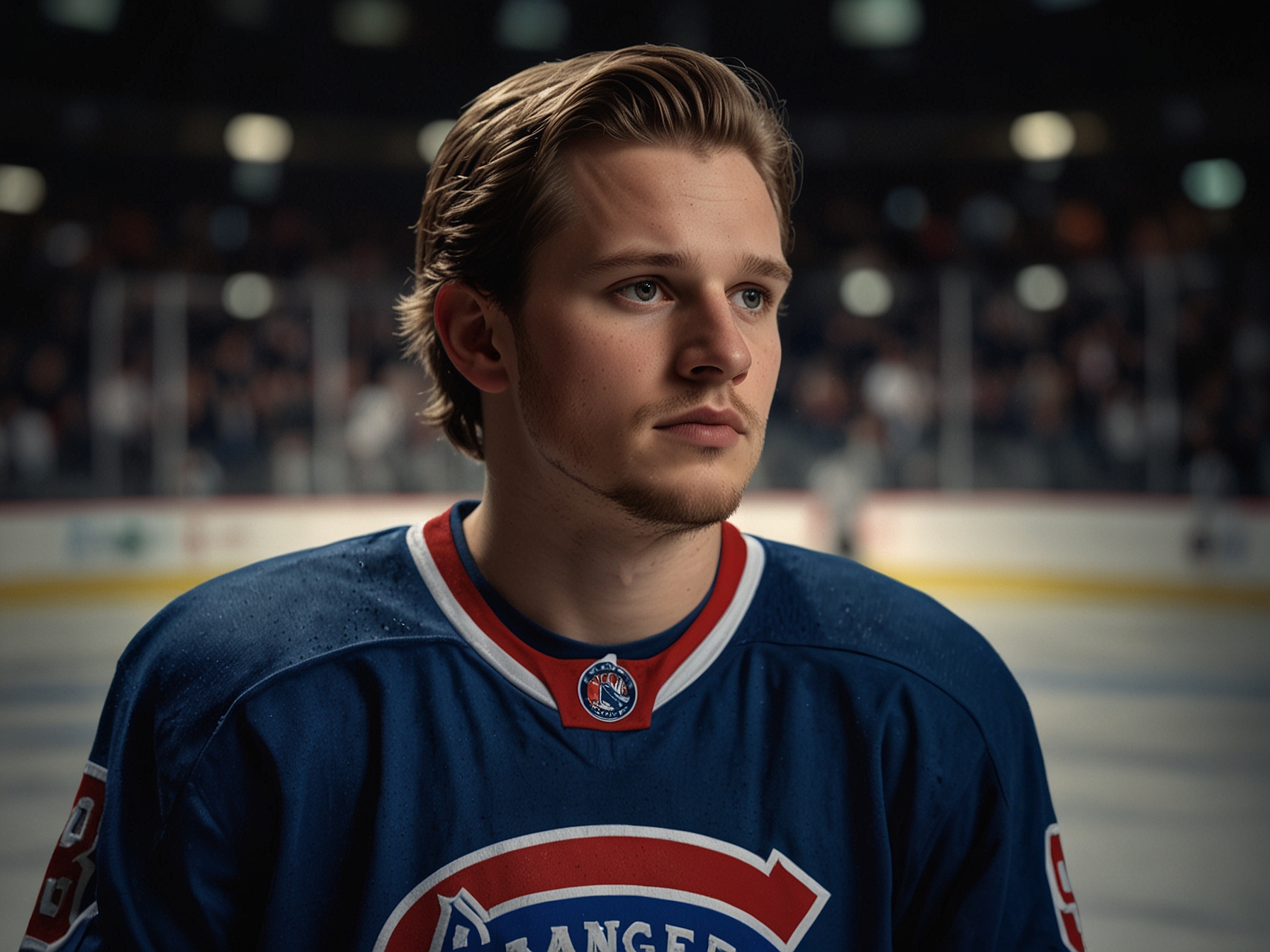 Jacob Trouba, wearing his Rangers jersey, stares pensively into the distance, symbolizing his emotional struggle as he reflects on his trade to the Ducks. The backdrop shows a dimly lit arena, capturing the intensity of his thoughts and the weight of leadership.