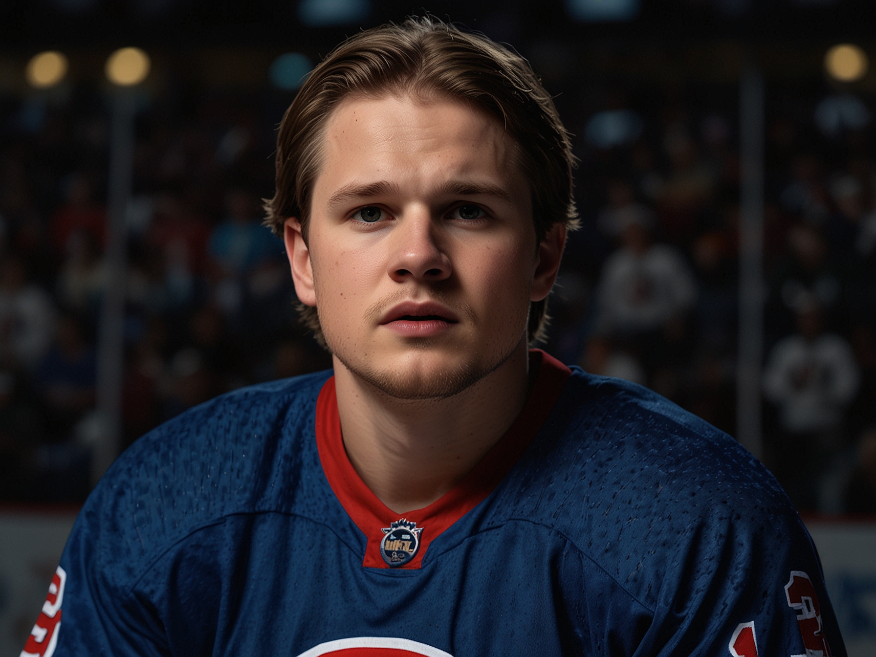 An image of Trouba on the ice during a game, showcasing his dynamic defensive play while surrounded by teammates and opponents. It reflects his commitment and skill as a captain in a high-pressure environment.