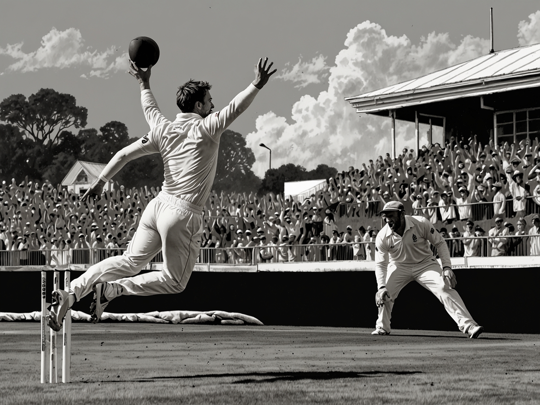 Daryl Mitchell diving to his right, executing a one-handed catch to dismiss Joe Root during the Test match at Basin Reserve, with fans cheering in the background.