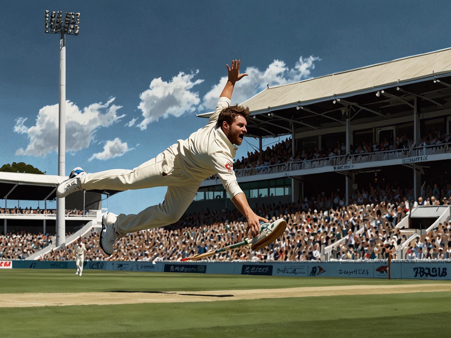 A close-up of Daryl Mitchell in mid-air, reaching out for the ball as it edges off Joe Root's bat, capturing the intensity of the moment on the cricket field.