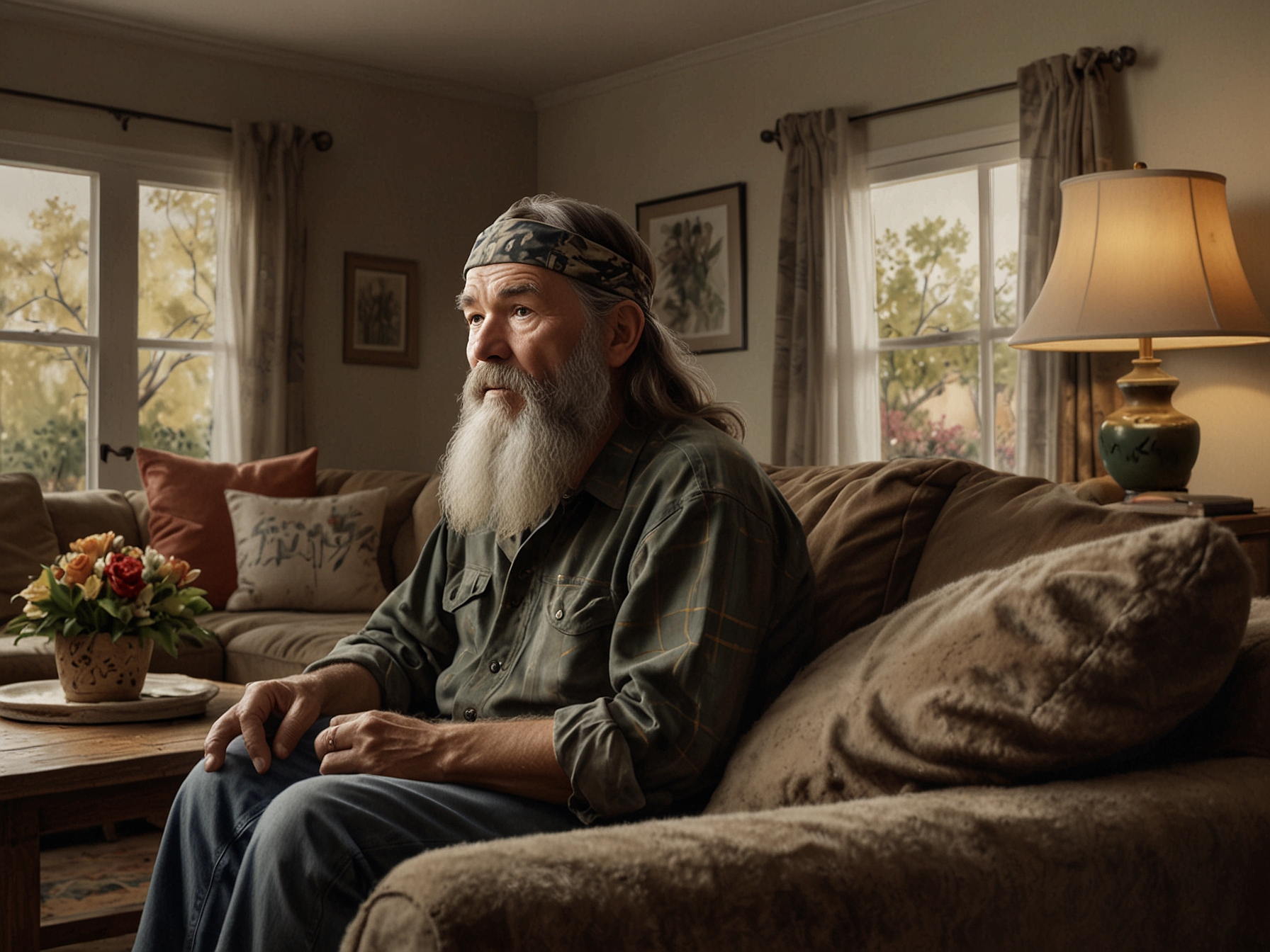 Phil Robertson sitting in a cozy living room, with a thoughtful expression as family members are nearby, reflecting the emotional journey of facing Alzheimer's together.