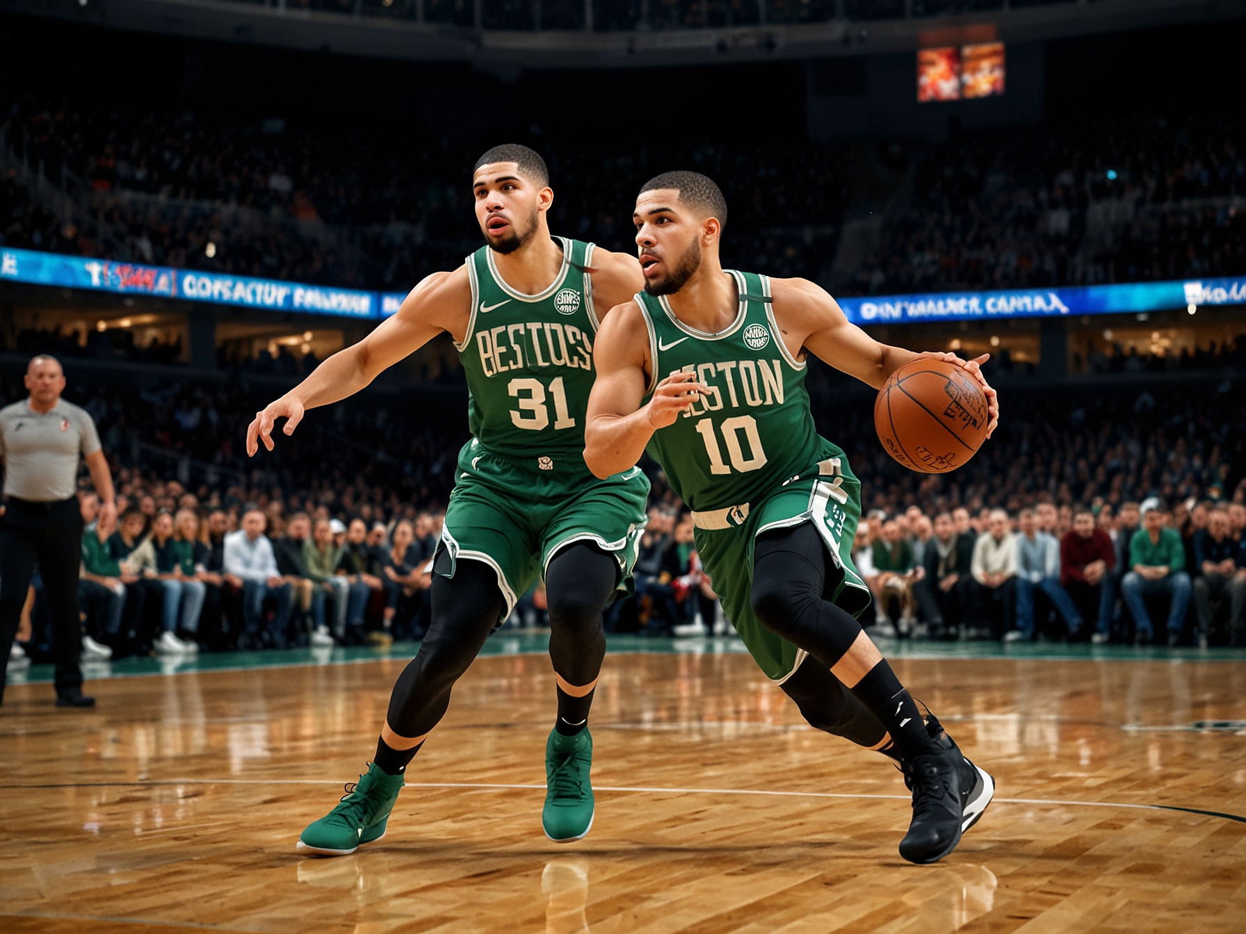 Jayson Tatum driving towards the basket, defending against a Bucks player, with fans cheering in the background, capturing the intensity of the Celtics vs. Bucks rivalry.