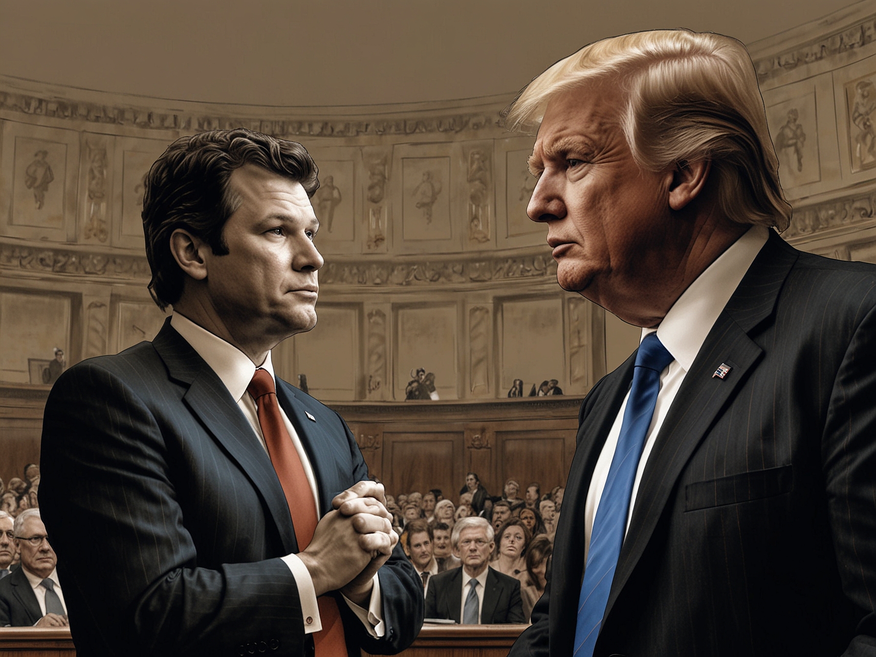 An illustration of a Senate hearing room, showcasing senators questioning Hegseth, highlighting the scrutiny and challenges he faces in his confirmation process.