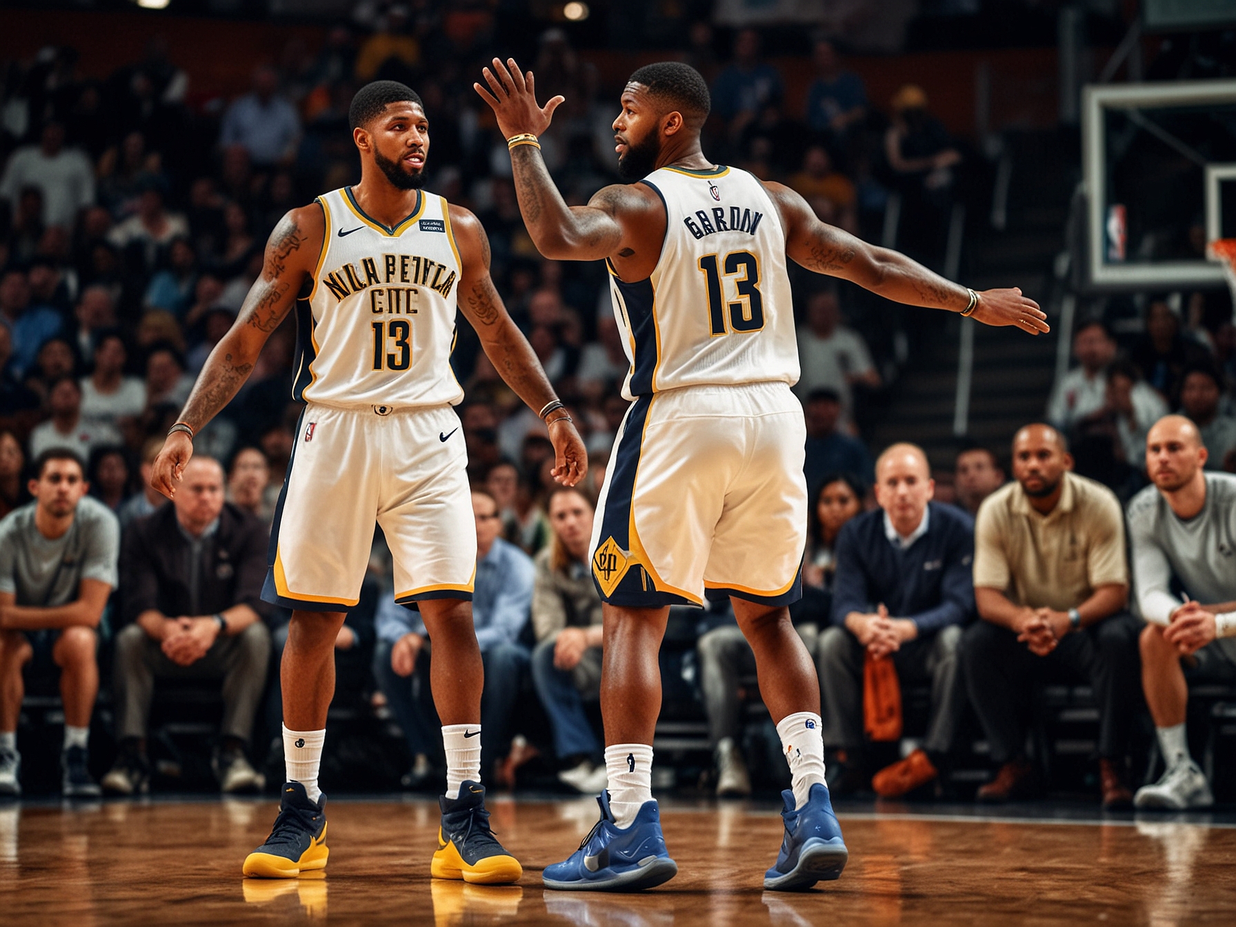 Paul George and KJ Martin celebrate during a game, showcasing their synergy and teamwork. The intensity of the match is evident as they strategize amidst the action on the court.