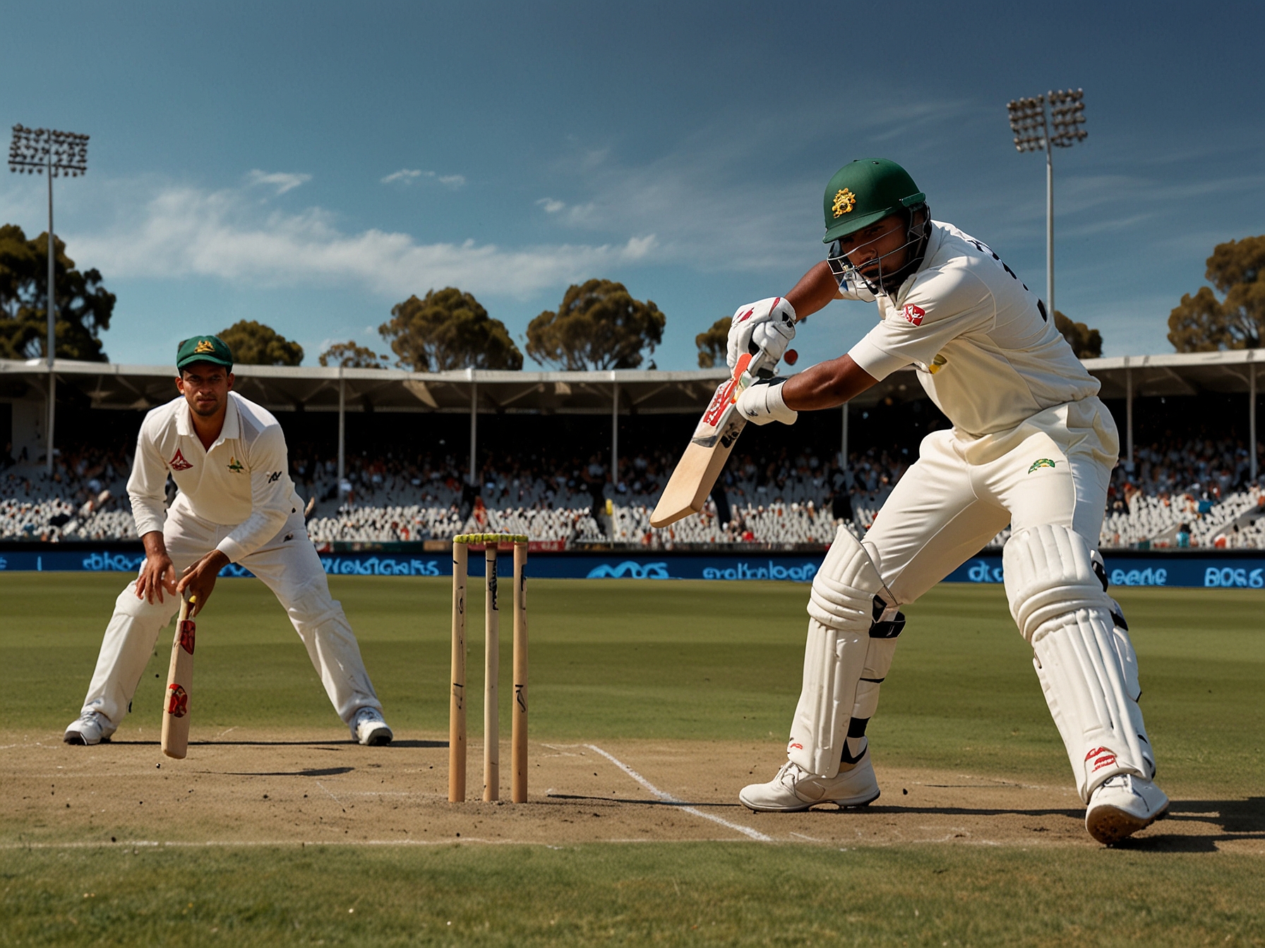 An action shot of Nitish Kumar Reddy playing a shot during the Adelaide Test, showcasing determination as the Australian bowler Scott Boland approaches. The crowd is seen in the background, highlighting the intensity of the match.