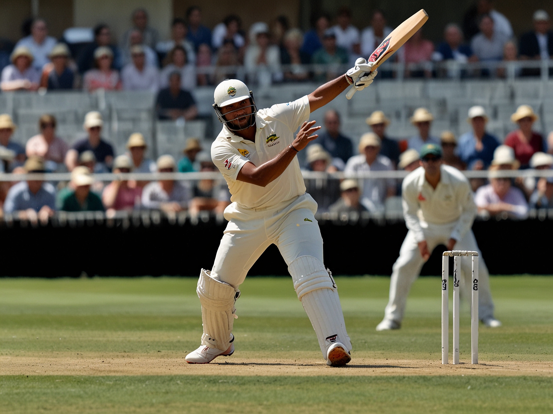 A close-up of the cricket ball hitting the stumps, symbolizing the pivotal moments in a cricket match that can shift momentum, with blurred players in the background.