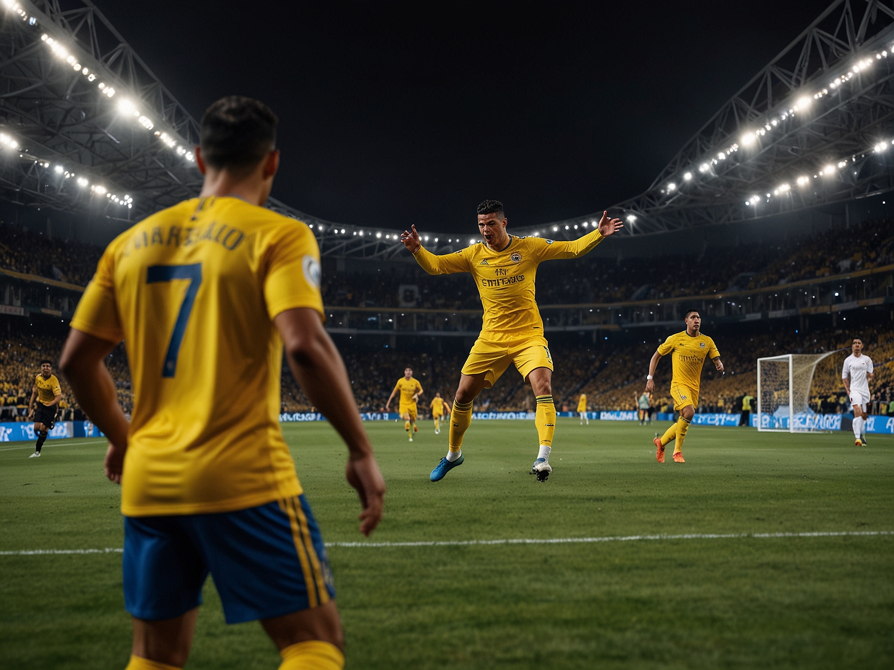 A dynamic scene from the match between Al Nassr and Al Ittihad, showing Ronaldo in action as he equalizes. The stadium is filled with passionate fans, capturing the tense atmosphere of the game.