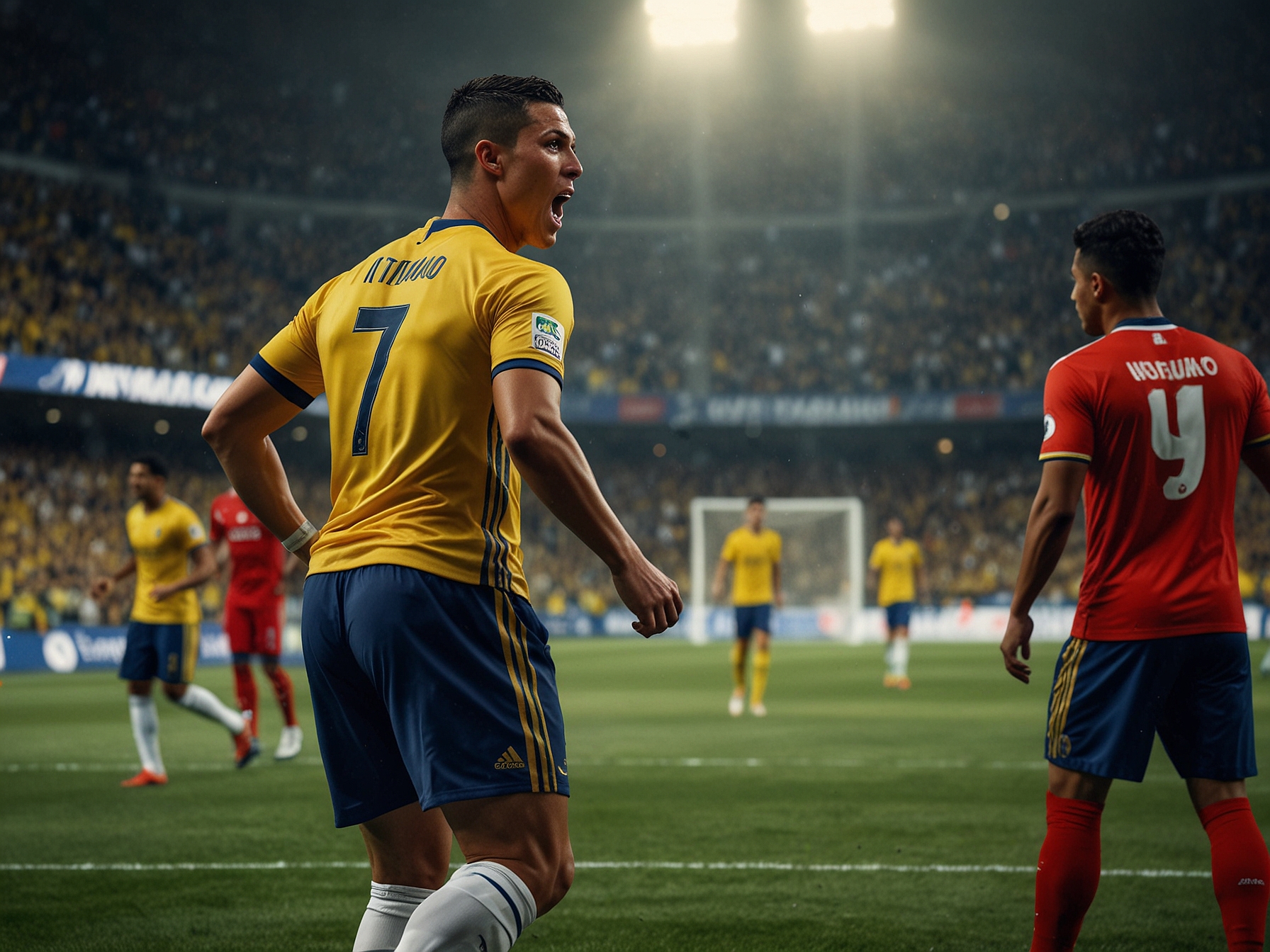 The moment Ronaldo scores a stunning equalizer for Al Nassr, with jubilant fans in the background, depicting the excitement and hope felt during the match before the final defeat.