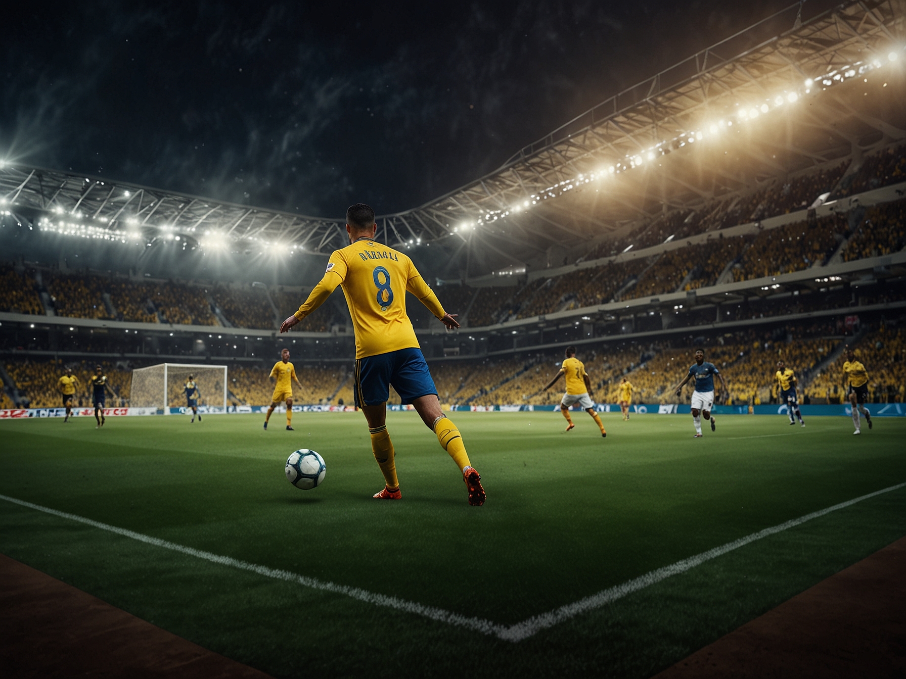 A heartbreaking shot of the final whistle ending the game, with Al Nassr players visibly disappointed as Al Ittihad celebrates their victory, symbolizing the emotional rollercoaster of football.