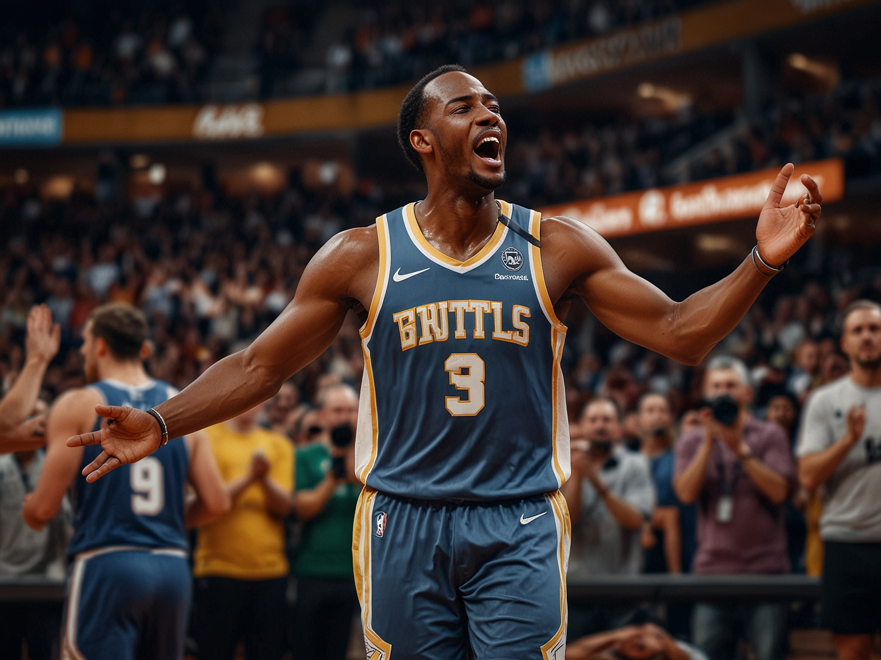 Anthony Edwards celebrates after scoring a three-pointer during the game, showcasing his incredible performance and energizing the crowd in the arena.